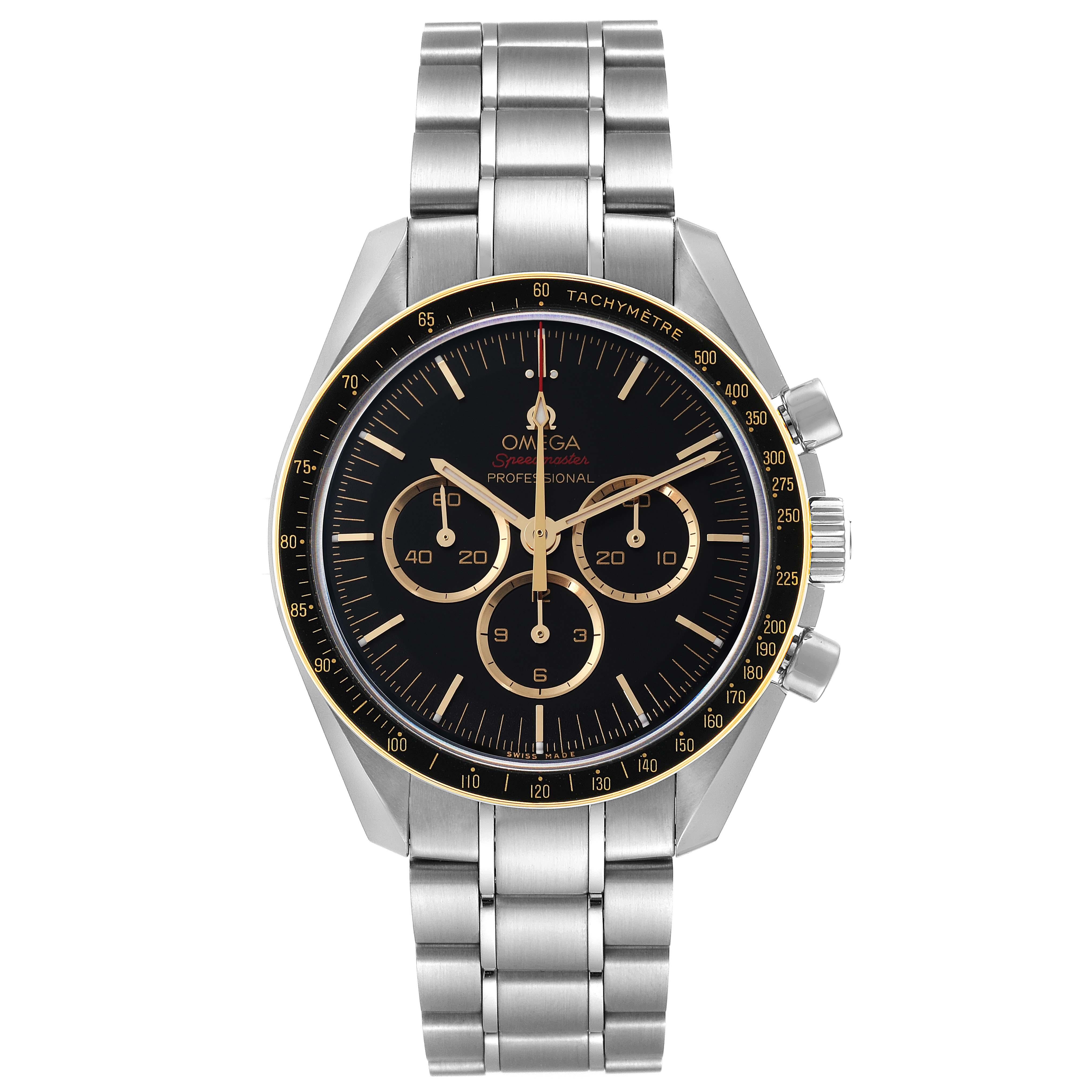 Omega Speedmaster Tokyo 2020 Olympics Limited Edition Mens Watch 522.20.42.30.01.001 Unworn. Manual winding chronograph movement. Stainless steel round case 42.0 mm in diameter. 18k yellow gold bezel with black aluminum tachymeter insert. Scratch