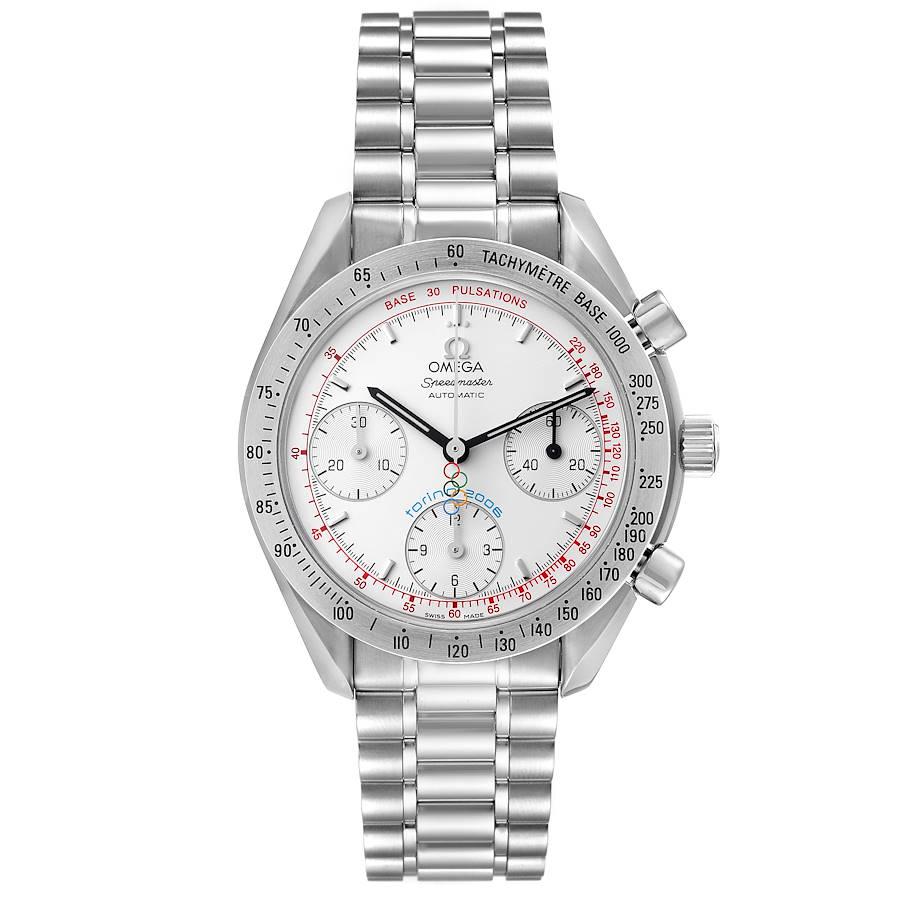 Omega Speedmaster Torino Olympics Limited Edition Mens Watch 3538.30.00 Box Card. Automatic self-winding chronograph movement. Stainless steel round case 38 mm in diameter. Stainless steel bezel with tachymetre function. Scratch resistant sapphire