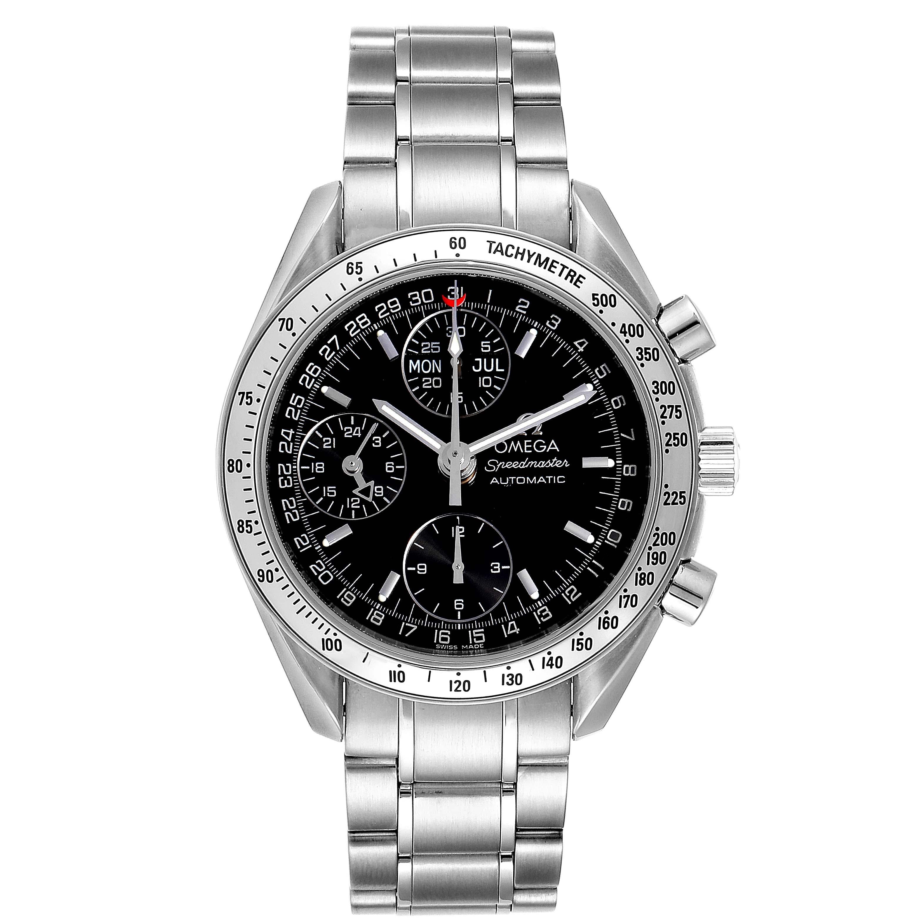 Omega Speedmaster Triple Calendar Black Dial Steel Mens Watch 3523.50.00. Automatic self-winding chronograph movement. Day, date and month indications. Stainless steel round case 39.0 mm in diameter. Case back stamped with the Omega Hippocampus
