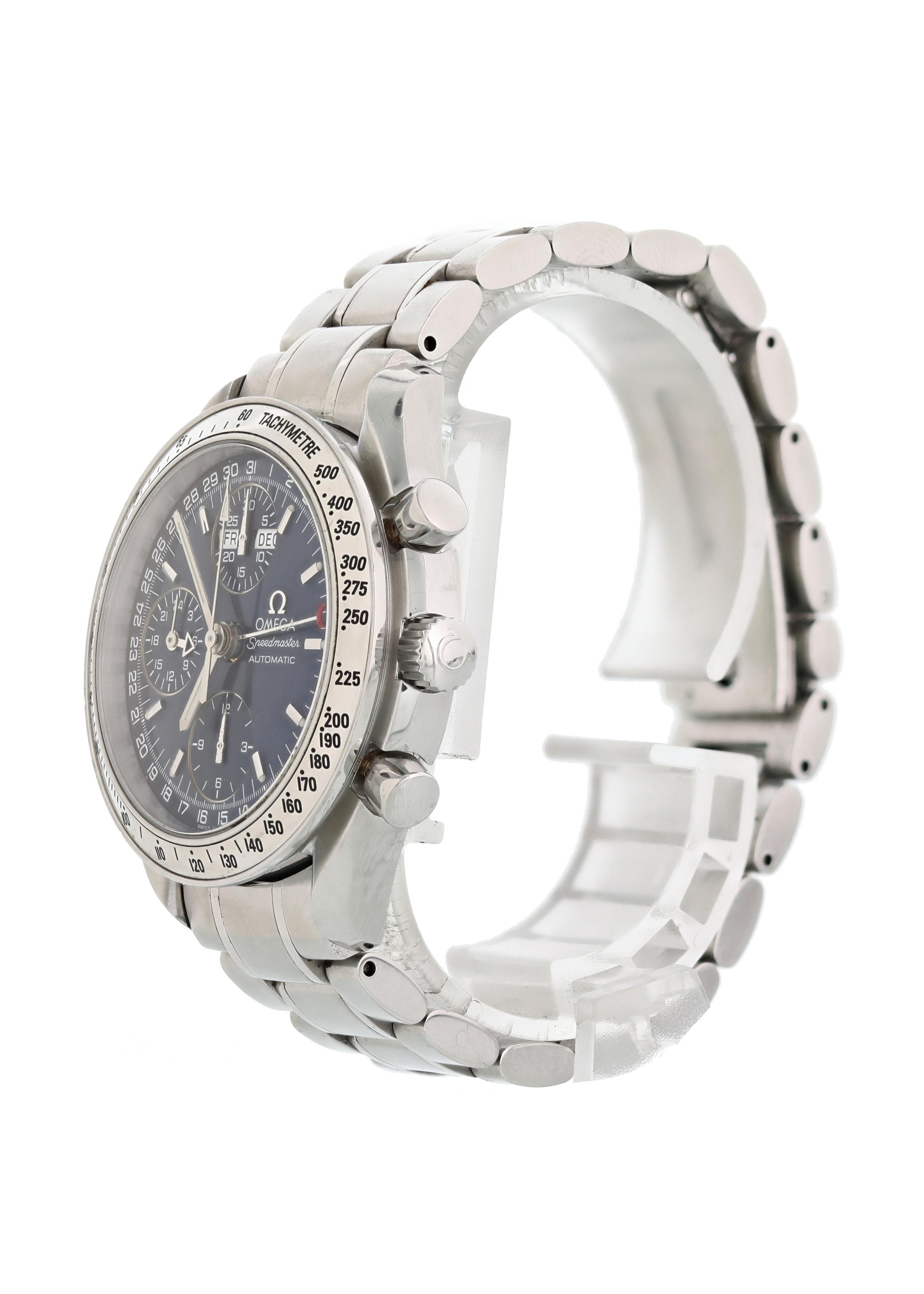 Omega Speedmaster Triple Date 3523.30 Mens Watch. 39mm stainless steel cases. Tachymetre stainless steel bezel. Blue dial with steel luminous hands and luminous hour index markers. Minute markers around the outer rim. Triple date function with a day