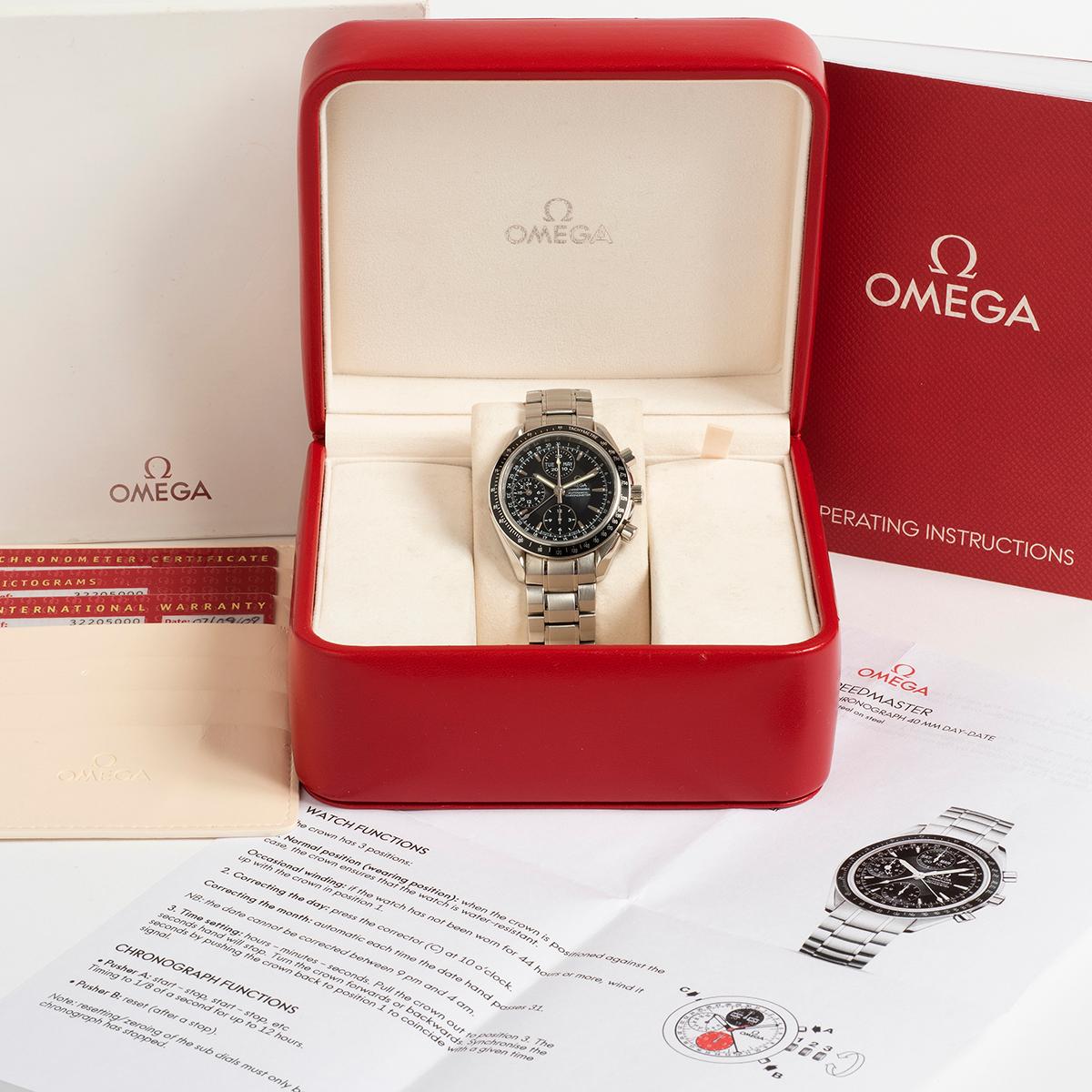 Our Omega Speedmaster Triple Date (Day/ Date/ Month) features the more desirable black dial with stainless steel (40mm) case and stainless steel bracelet. A complete set in outstanding condition with only light signs of use from new, our example of