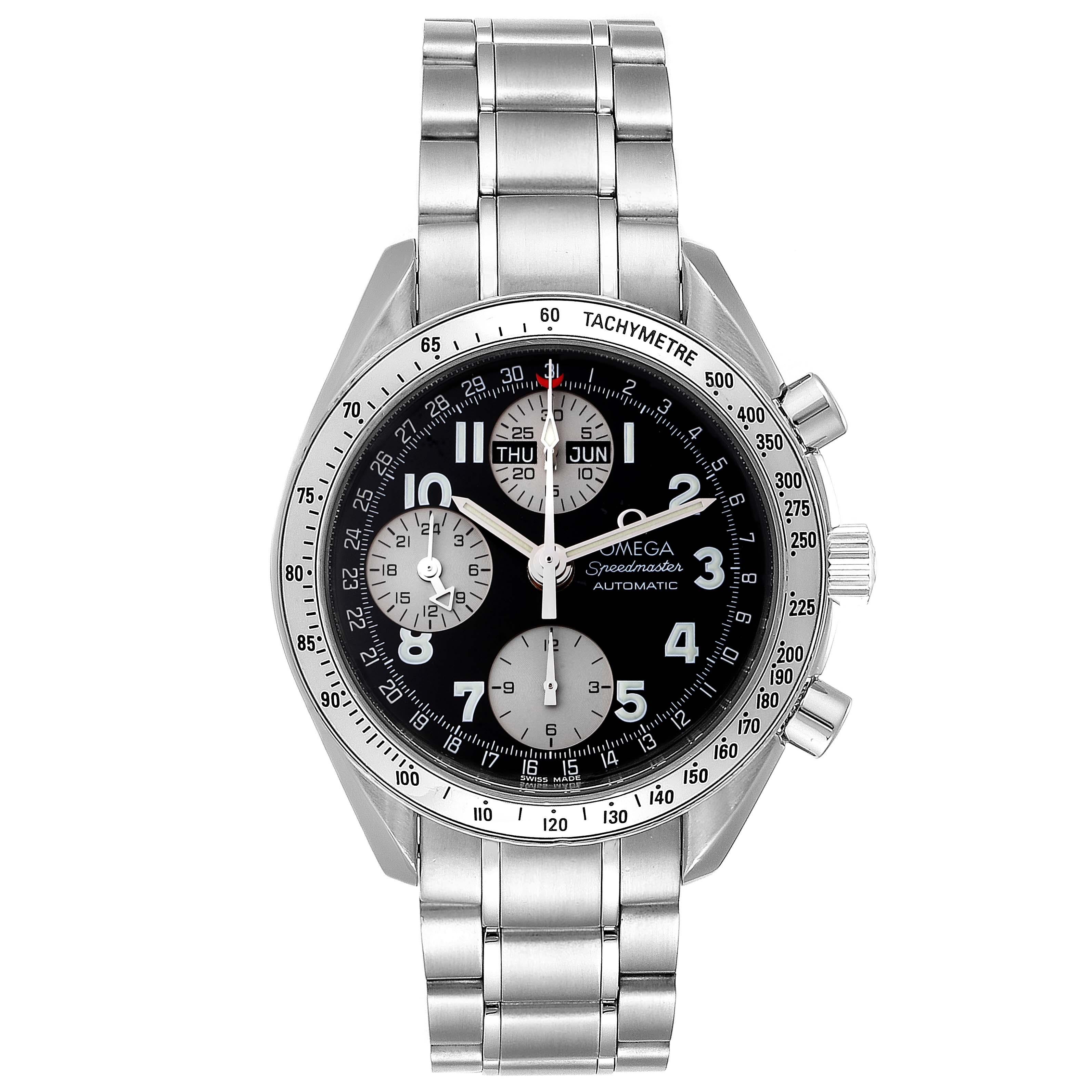 Omega Speedmaster Tripple Calendar Black Arabic Dial Watch 3523.51.00. Automatic self-winding chronograph movement. Stainless steel round case 39.0 mm in diameter. Fixed stainless steel bezel with tachymetric scale. Scratch-resistant sapphire