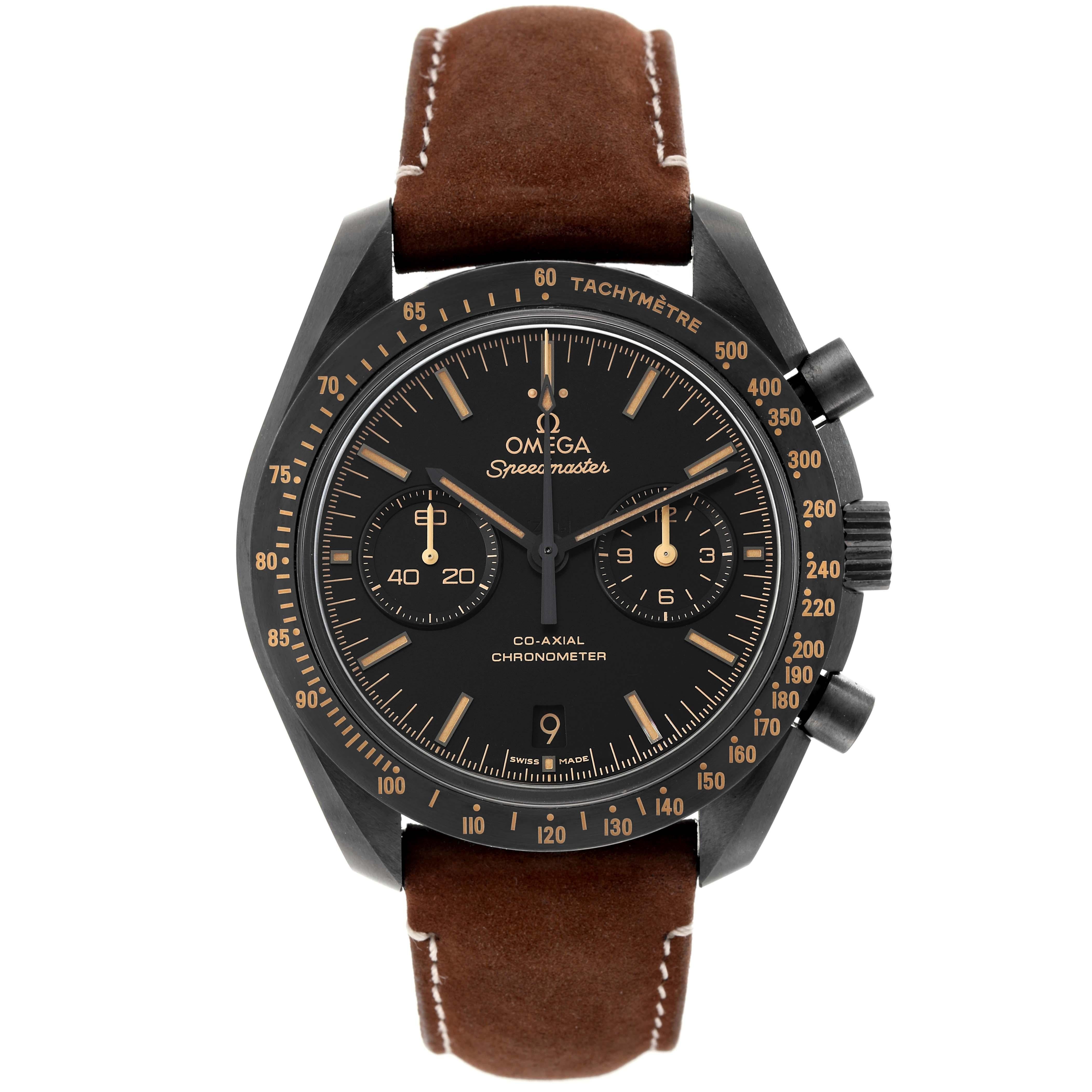 Omega Speedmaster Vintage Dark Side Mens MoonWatch 311.92.44.51.01.006 Card. Authomatic Self-winding chronograph movement with column wheel mechanism and Co-Axial escapement. Silicon balance-spring on free sprung-balance, 2 barrels mounted in