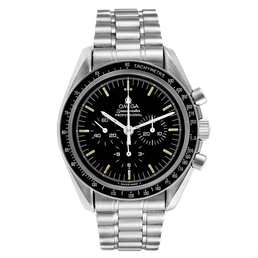 Omega Speedmaster Vintage MoonWatch Caliber 861 Mens Watch 145.022. Manual winding chronograph movement. Stainless steel 42.0 mm in diameter. Three-body, screwed - down case. Omega logo on a crown. Black tachimetere bezel. Hesalite crystal. Black