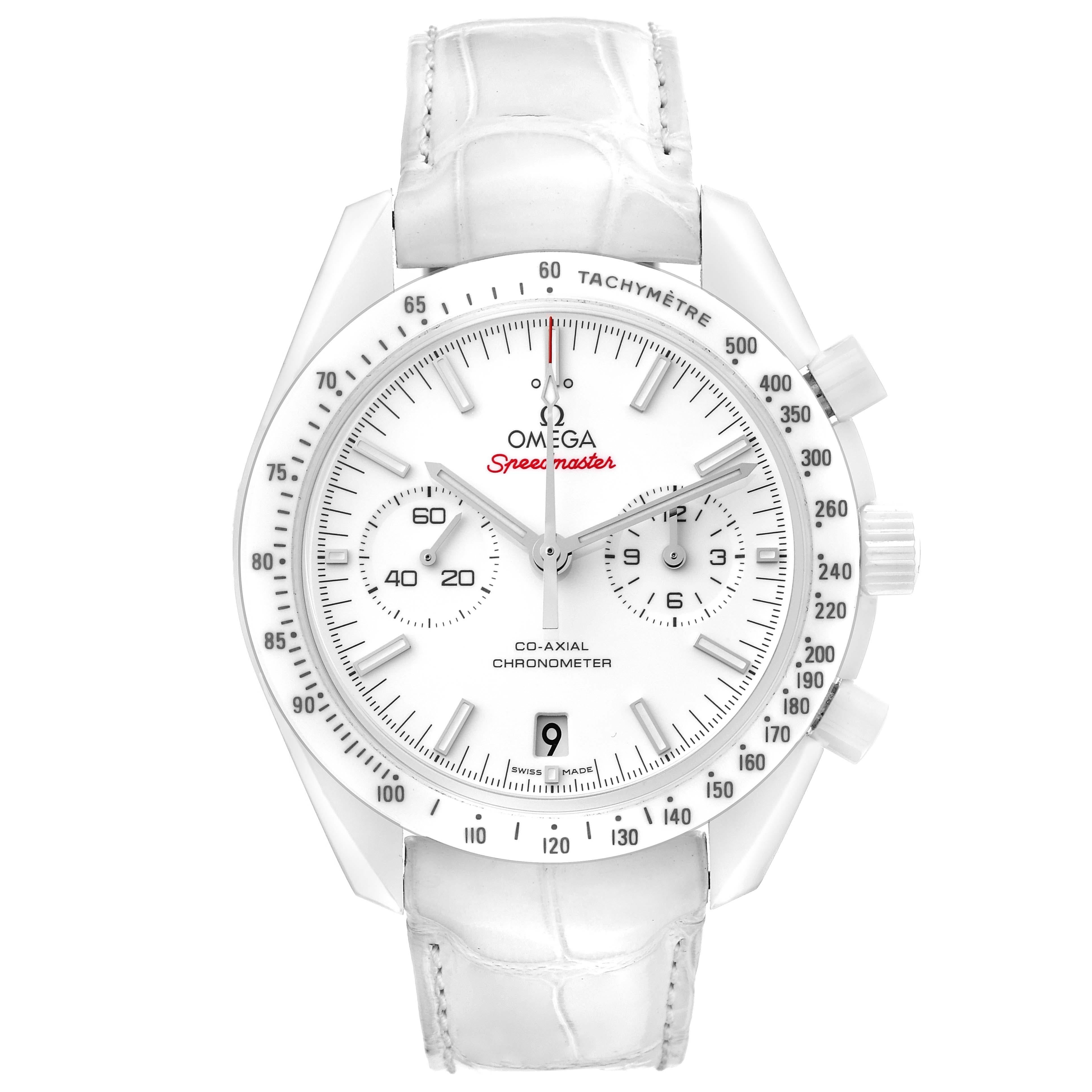 Omega Speedmaster White Side of the Moon Ceramic Mens Watch 311.93.44.51.04.002 Unworn. Automatic self-winding chronograph movement with column wheel mechanism and Co-Axial Escapement for greater precision, stability and durability of the movement.