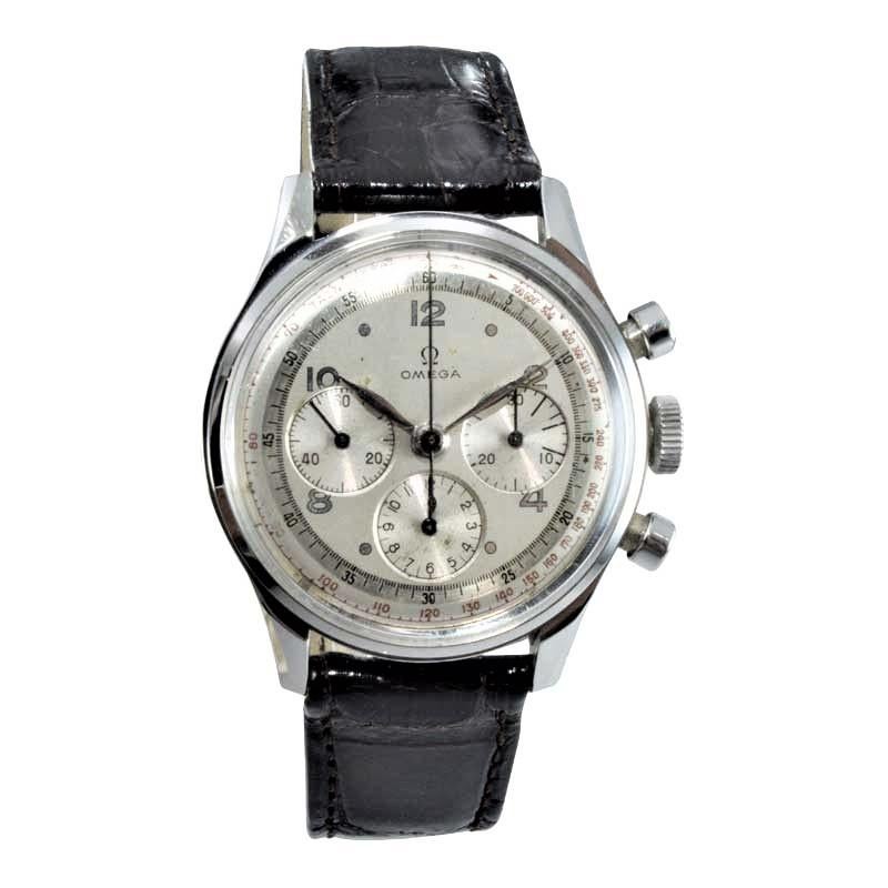 FACTORY / HOUSE: Omega Watch Company / By Valjoux
STYLE / REFERENCE: Three Register Chronograph
METAL / MATERIAL: Stainless Steel
CIRCA / YEAR: 1950's
DIMENSIONS / SIZE: Length 42mm x Diameter 35mm
MOVEMENT / CALIBER: Manual Winding / 17 Jewels