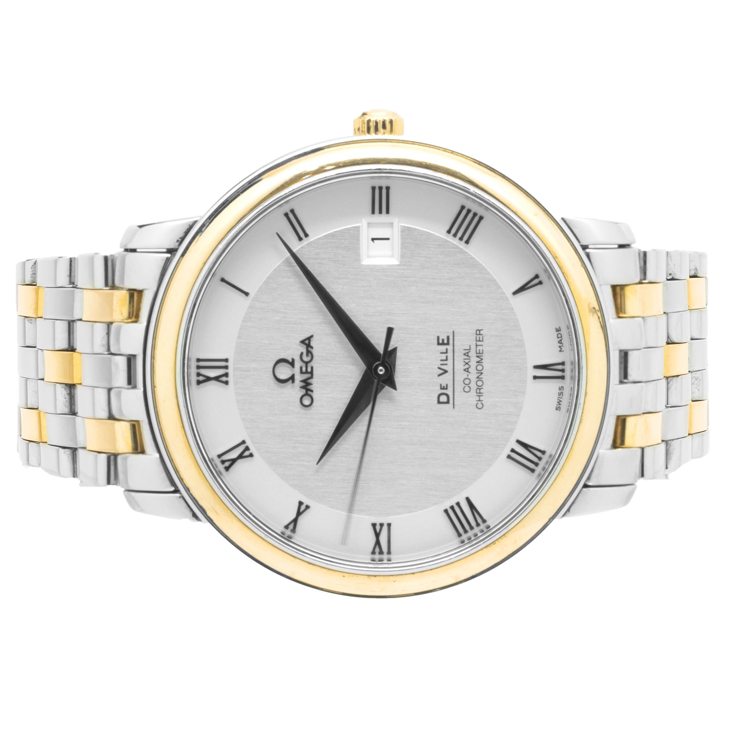 Brand: Omega
Movement: automatic
Function: hour, minutes, seconds, date
Case: 36.5mm stainless steel round case, 18K yellow gold smooth bezel, sapphire crystal, screw down crown
Band: stainless steel & 18K yellow gold bracelet
Dial: silver roman