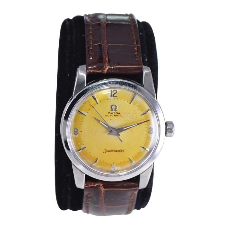 Modernist Omega Stainless Steel Automatic from 1950s with Original Patinated Dial For Sale