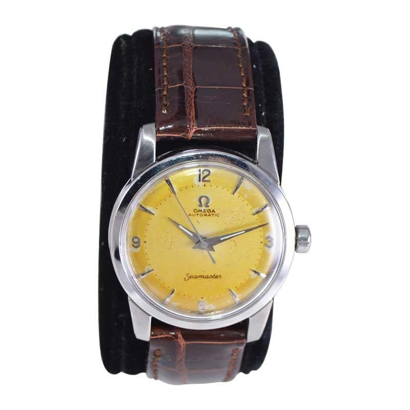 Women's or Men's Omega Stainless Steel Automatic from 1950s with Original Patinated Dial For Sale