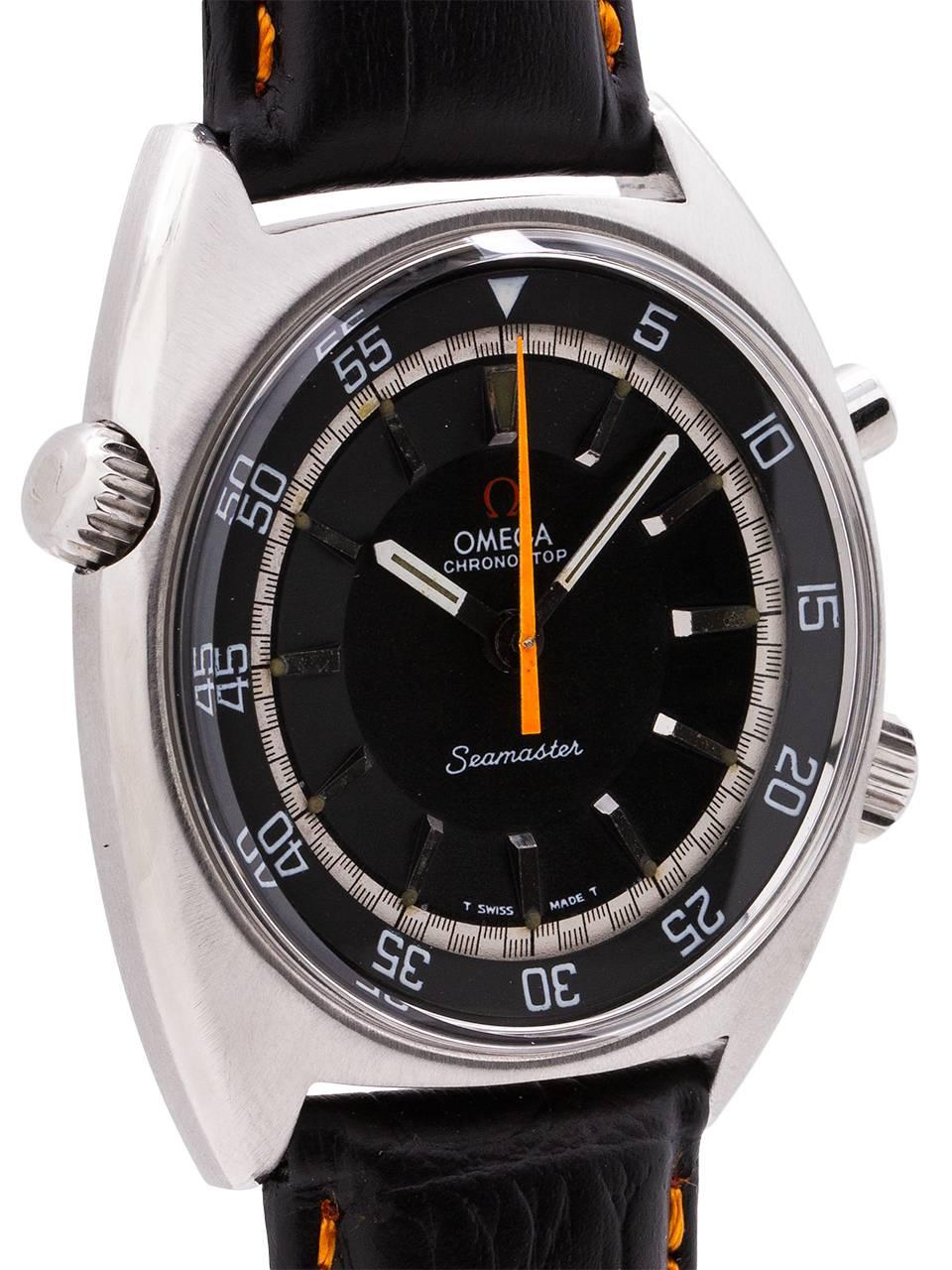 Omega stainless steel Chronostop Seamaster wristwatch, circa 1970s In Excellent Condition In West Hollywood, CA