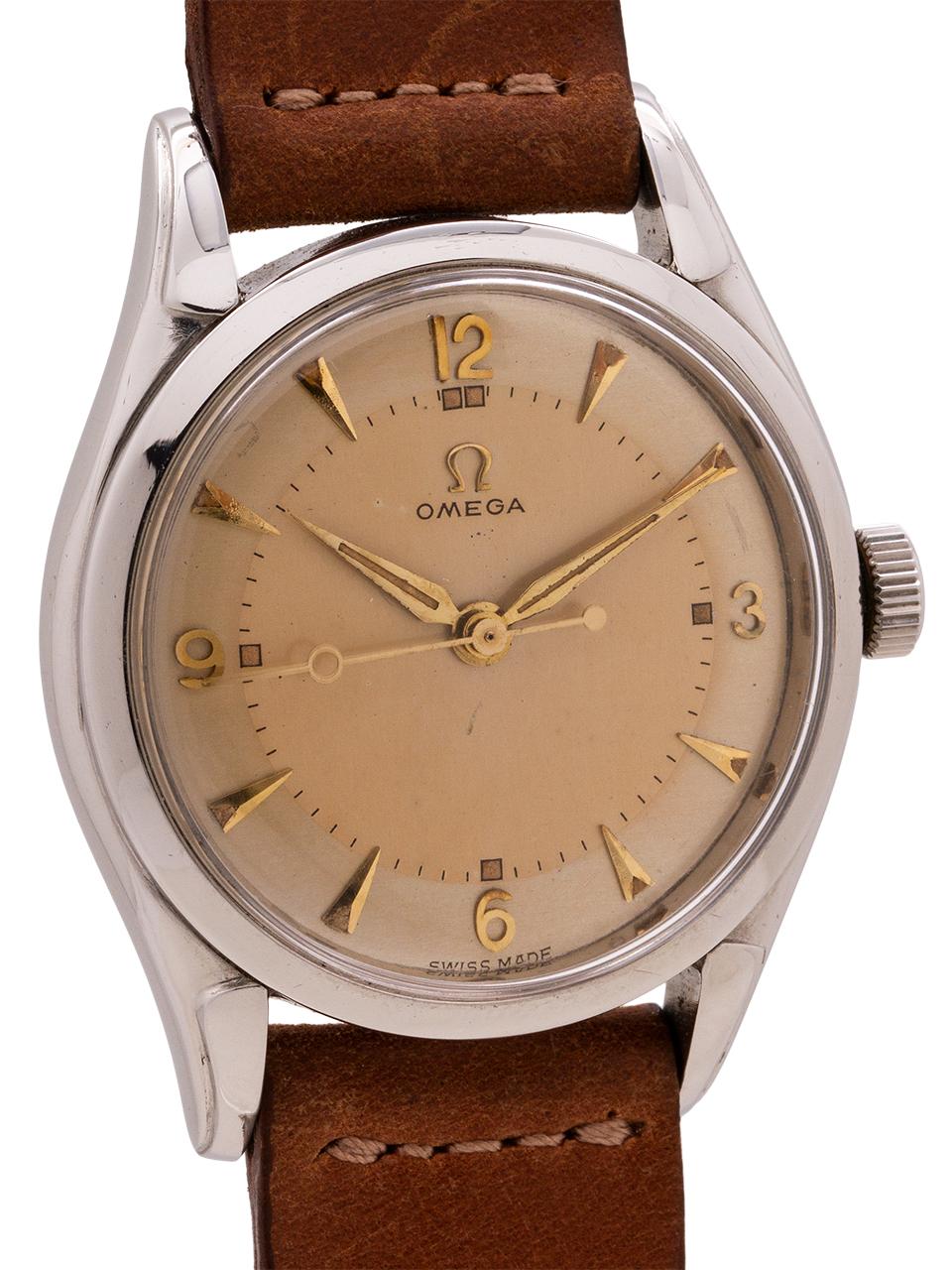 
Vintage Omega stainless steel case ref # 2721.2 circa 1952. Featuring a robust design 34 x 43mm case with curved extended lugs, heavy screw down case back. With very pleasing 2 tone parchment colored dial with gold mirror figures and gilt leaf
