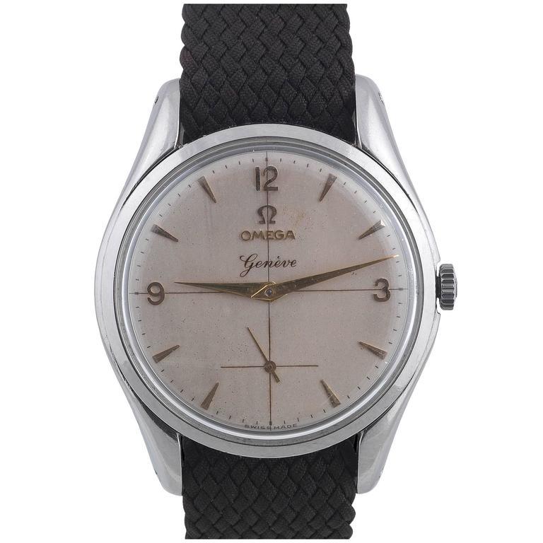 Omega Stainless Steel Geneve Silvered Dial Arab Numbers Wristwatch In Excellent Condition In Firenze, IT