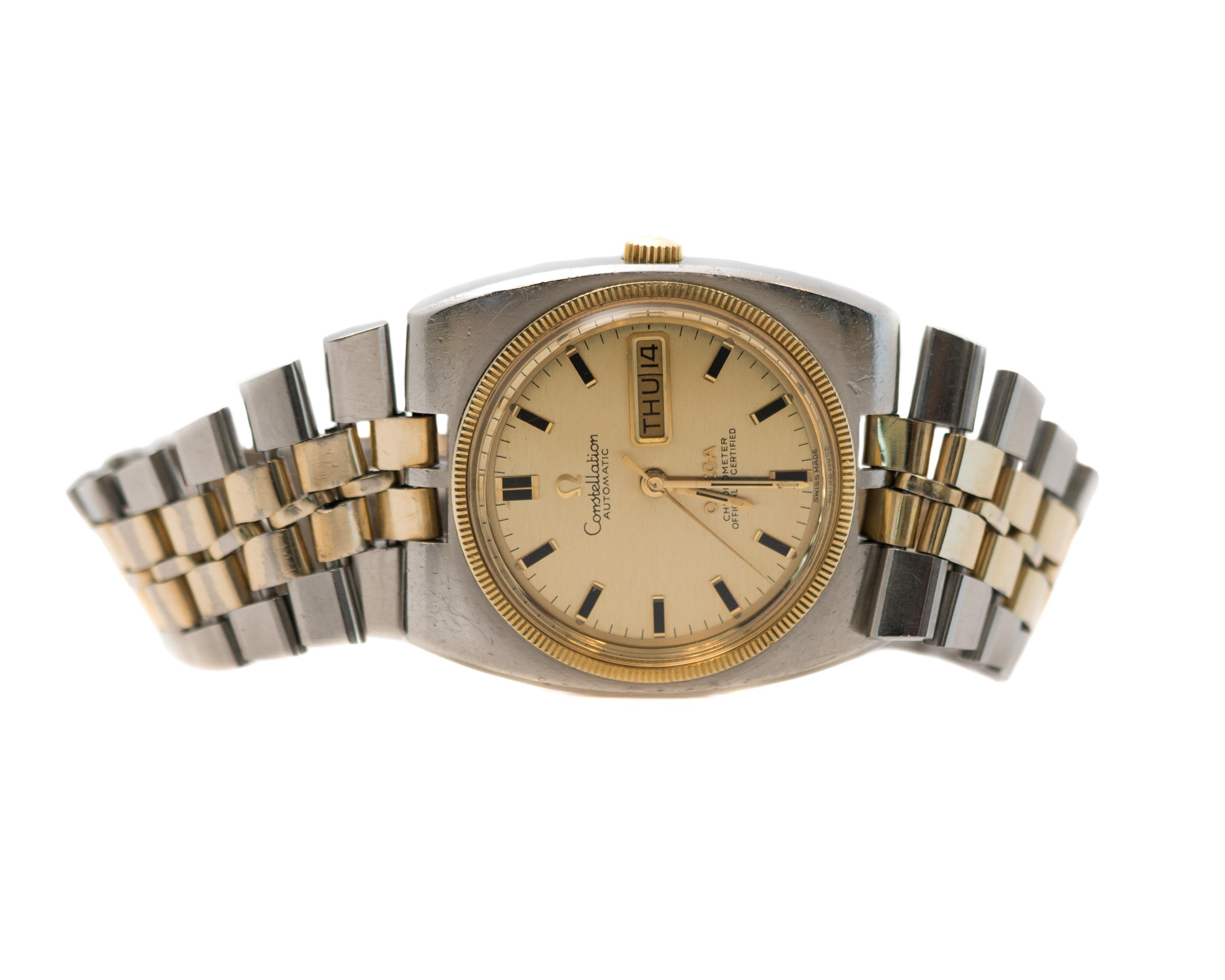 1950s Omega Constellation Wrist Watch - Stainless Steel, 14 Karat Yellow Gold Fill

Features: 
Case Diameter 41 millimeters without crown, 43 millimeters with crown
Stainless Steel with 14 Karat Yellow Gold fill Case and