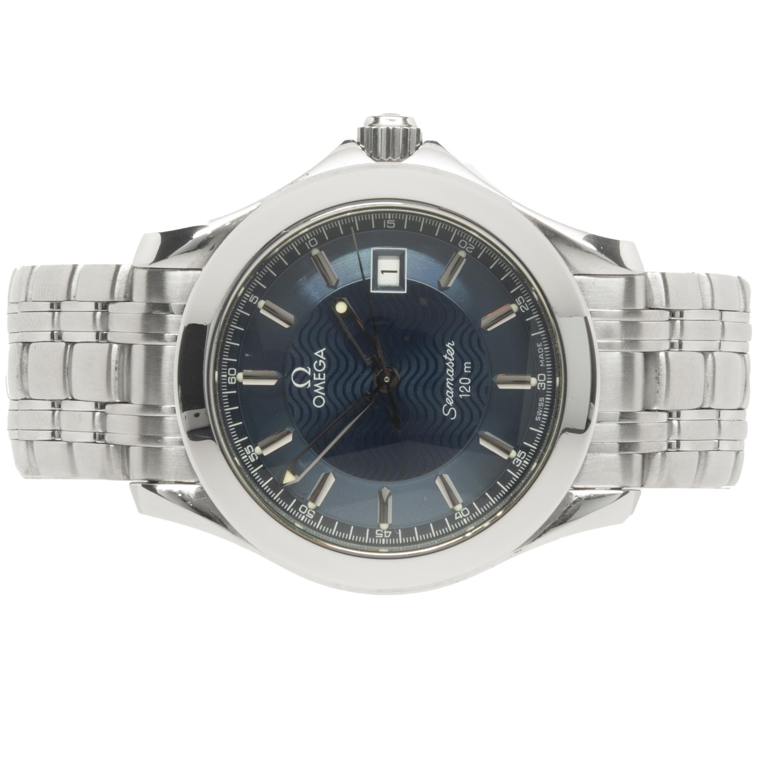 Brand: Omega
Movement: quartz
Function: hours, minutes, seconds, date
Case: 35.25mm stainless steel round case, smooth bezel
Band: Omega stainless steel bracelet, deployment clasp
Dial: blue wave dial
Serial # 57105XXX
Reference #