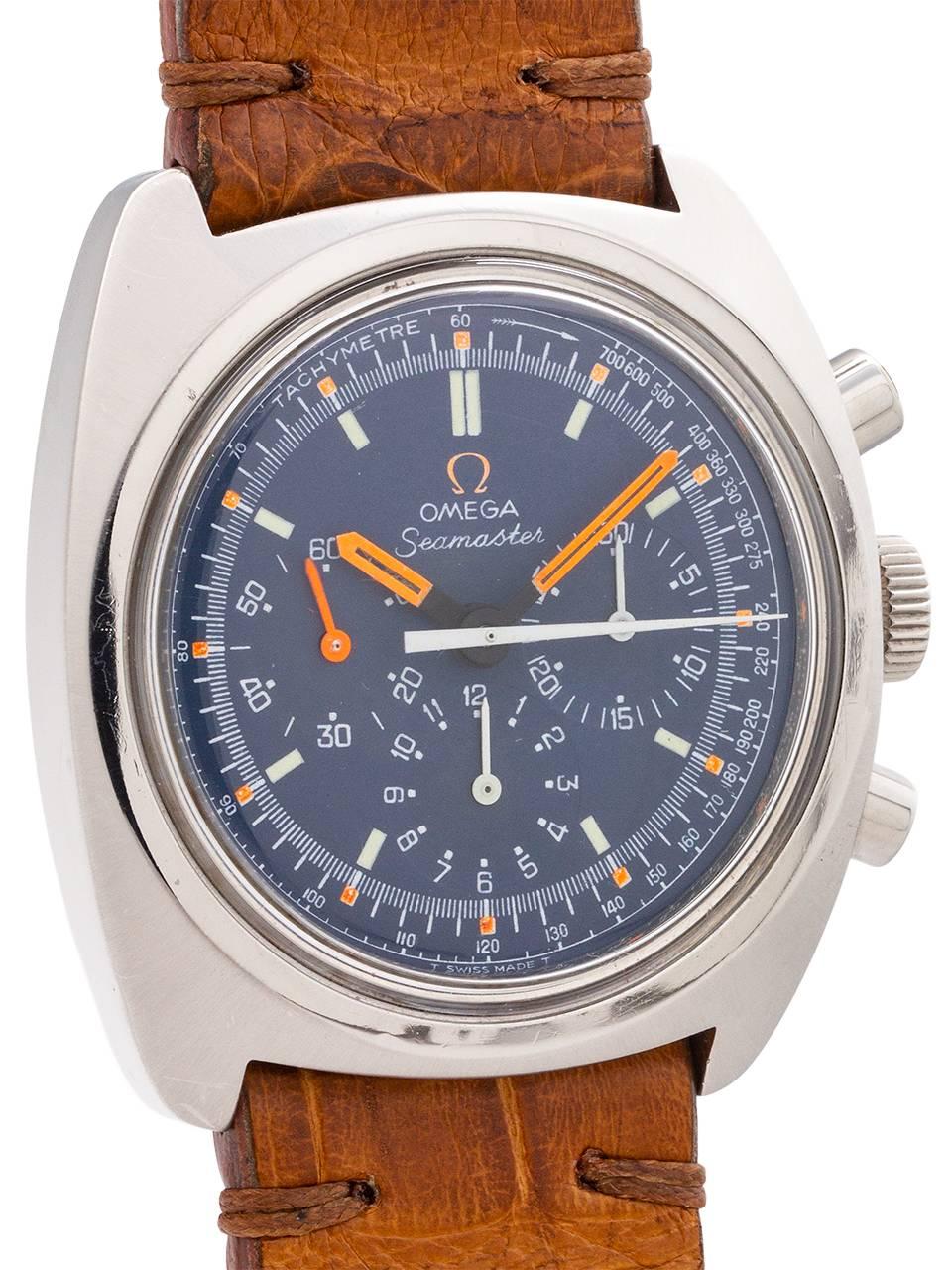 
Exceptional condition Omega Seamaster Chronograph, ref 145.029, manual wind chronograph. Featuring a 40mm diameter cushion shaped case with screw down back, round pump pushers, signed Omega crown, and hesalite crystal. The most noticeable part of