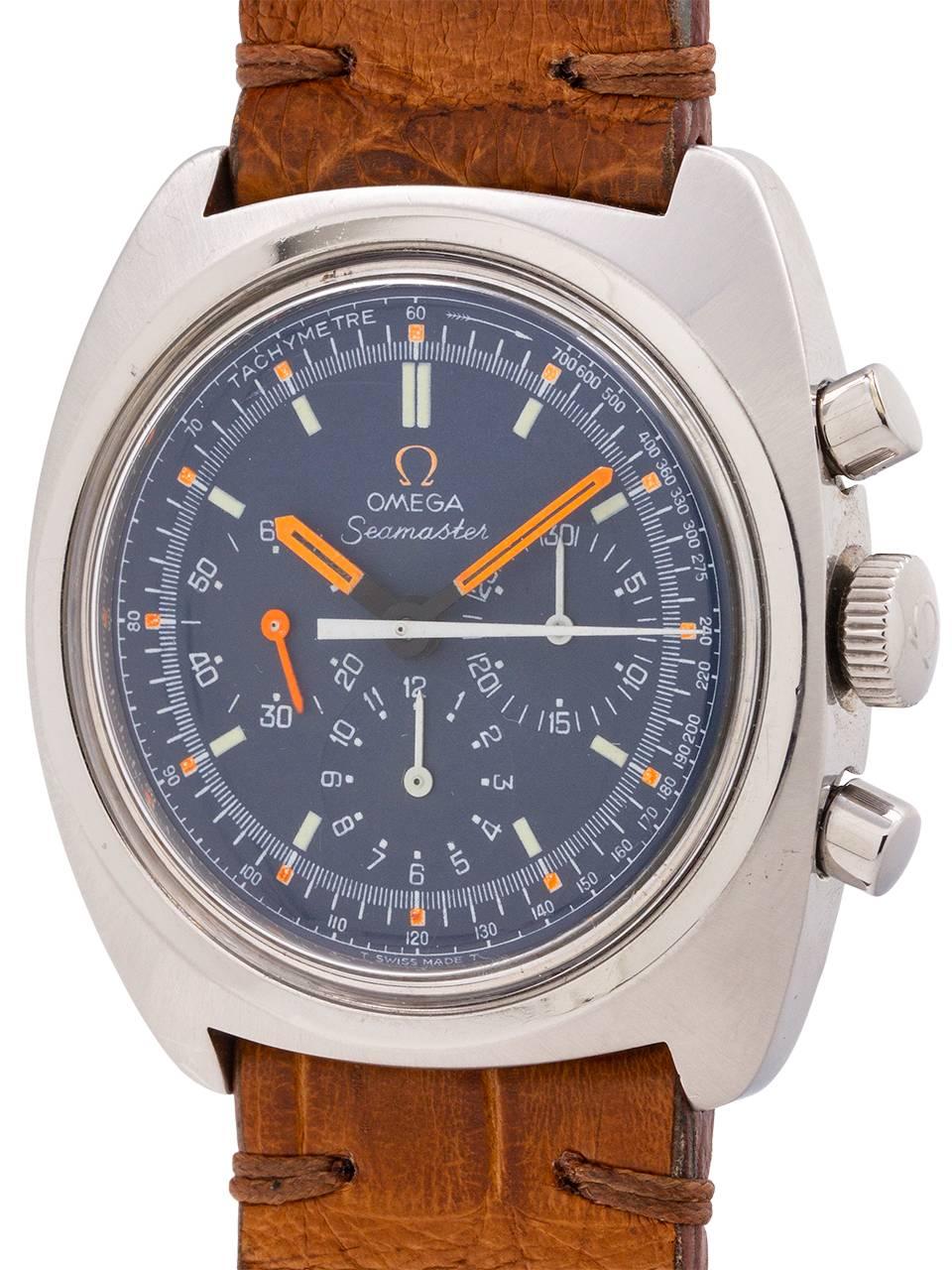 Omega Stainless Steel Seamaster Chronograph manual wind Wristwatch, circa 1970 In Excellent Condition In West Hollywood, CA