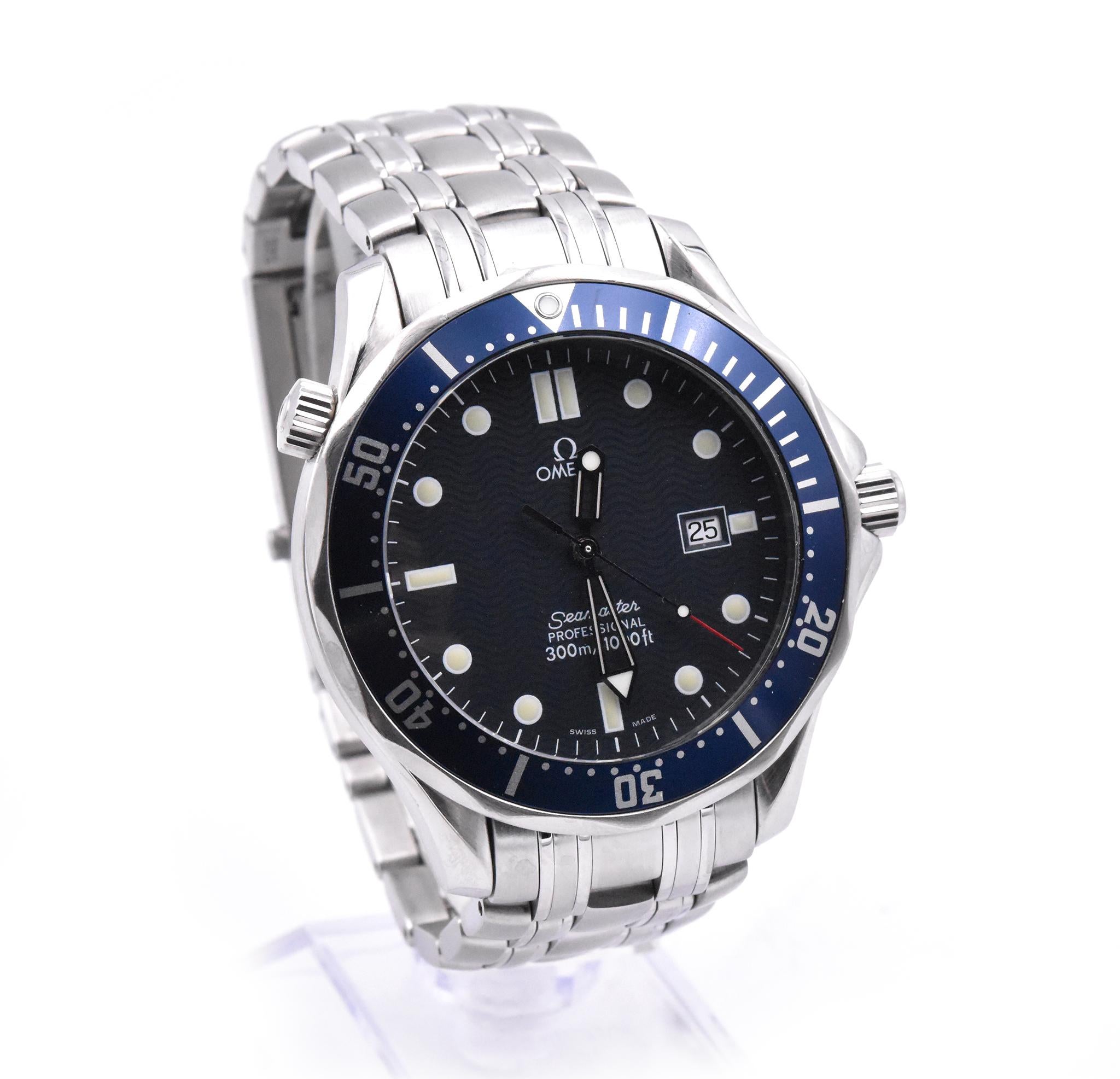 Brand: Omega
Movement: quartz
Function: hours, minutes, seconds, date
Case: 41mm case, sapphire crystal, screw down crown
Band: stainless steel bracelet with deployment clasp
Dial: blue wave dial
Reference: 212.30.41.20.03.001
Movement Serial #: