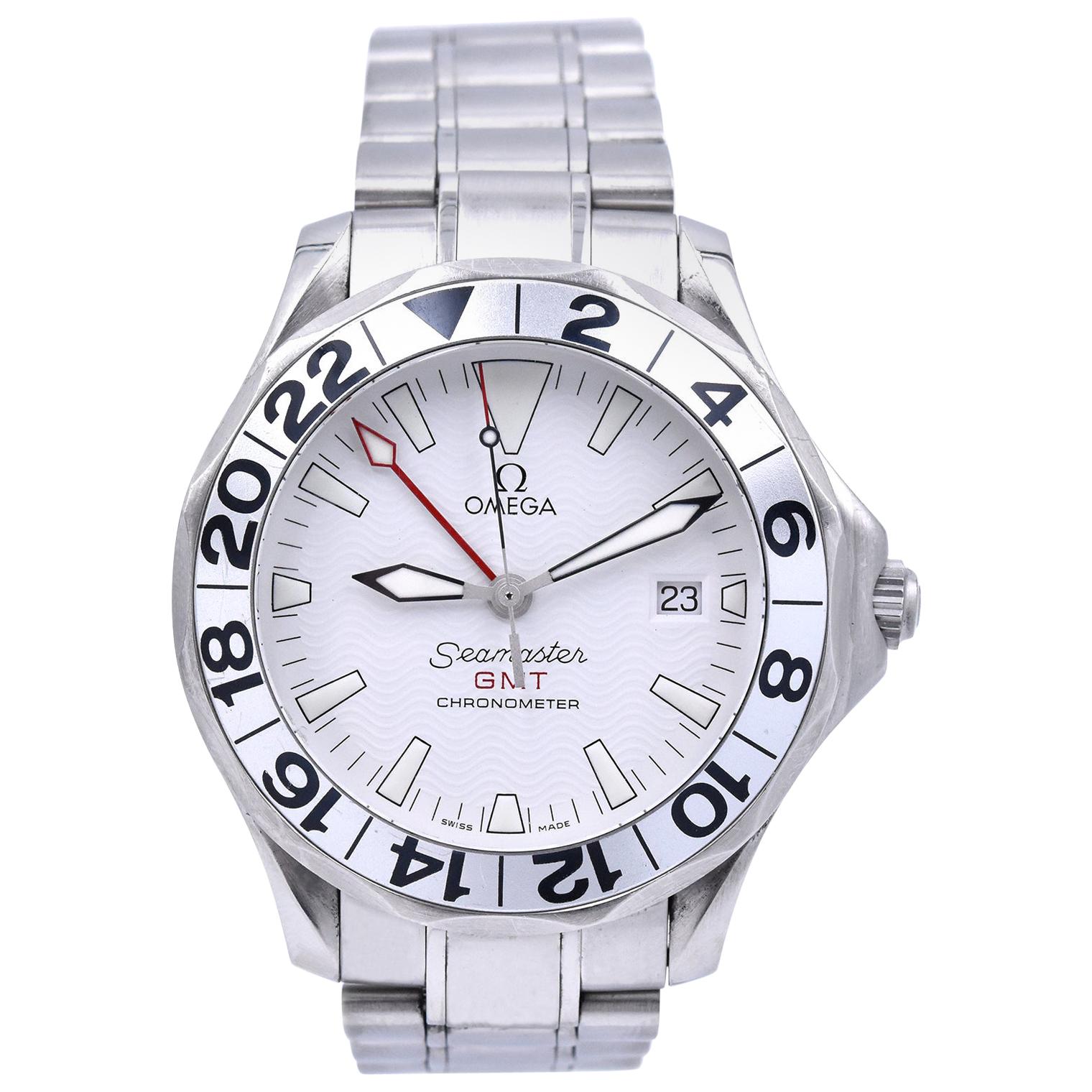 Omega Stainless Steel Seamaster GMT White Wave Dial