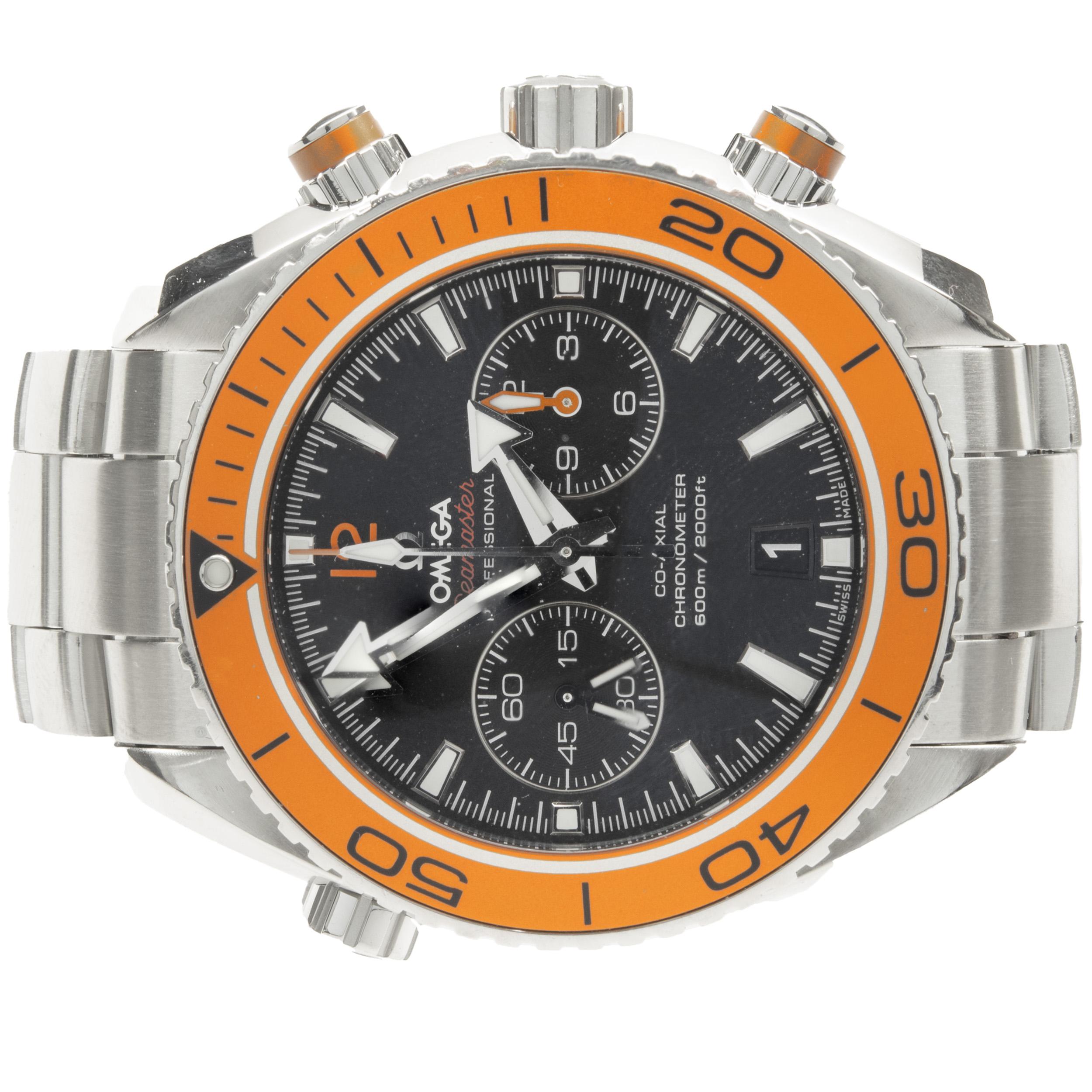 Brand: Omega
Movement: automatic
Function: hours, minutes, seconds, date, chronograph
Case: 45mm stainless steel round case, orange uni-directionally rotating timing bezel
Band: Omega stainless steel bracelet, deployment clasp
Dial: black stick