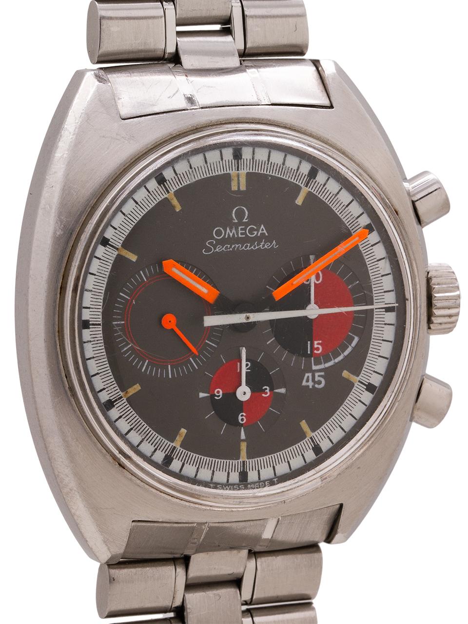 
Omega stainless steel Soccer Timer chronograph ref# 145.020 serial # million circa 1969. Featuring 39.5 x 47mm cushion shaped case with beautiful condition original black dial with brilliant black and red accents, white minute track and black outer