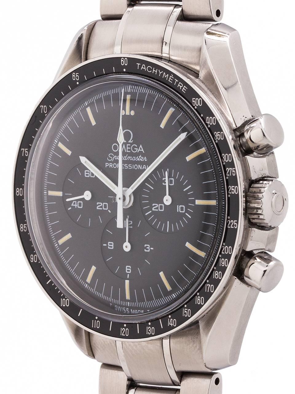 
An exceptional  condition preowned Omega Speedmaster Man on the Moon ref 3570.50 movement serial # 48,364,xxx, circa 1997. Featuring a 42mm diameter stainless steel case with black tachometer bezel,  black original dial with tritium indexes and