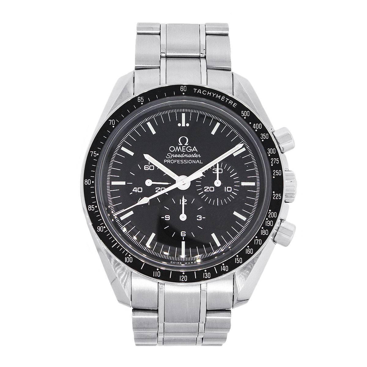 Brand: Omega
Model: Speedmaster
Case Material: Stainless Steel
Case Diameter: 42mm
Crystal: Hesalite Crystal
Bezel: Black fixed tachymeter bezel
Dial: Black chronograph dial with luminescent dial markers and sub dials. Day is indicated at 12 o’