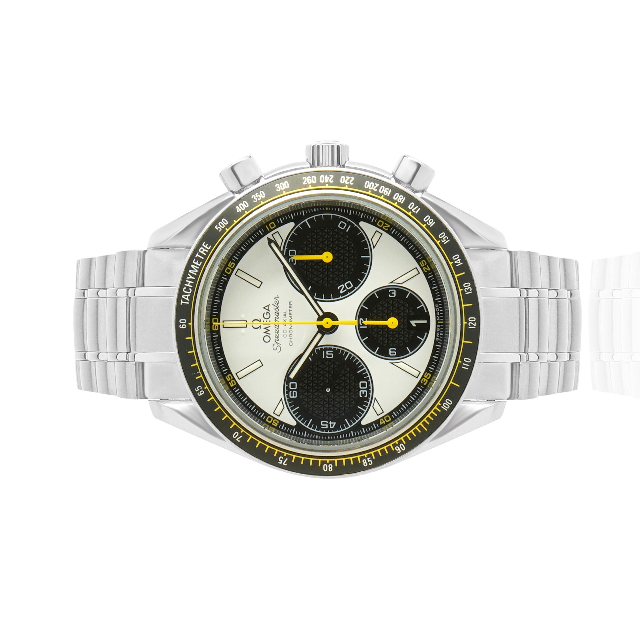 Brand: Omega
Movement: automatic
Function: hours, minutes, seconds, chronograph, date
Case: 40mm stainless steel case, plastic crystal, screw down crown,
Band: stainless steel
Dial: white with black subdials
Reference #326.30.40.50.04.001
Serial: #