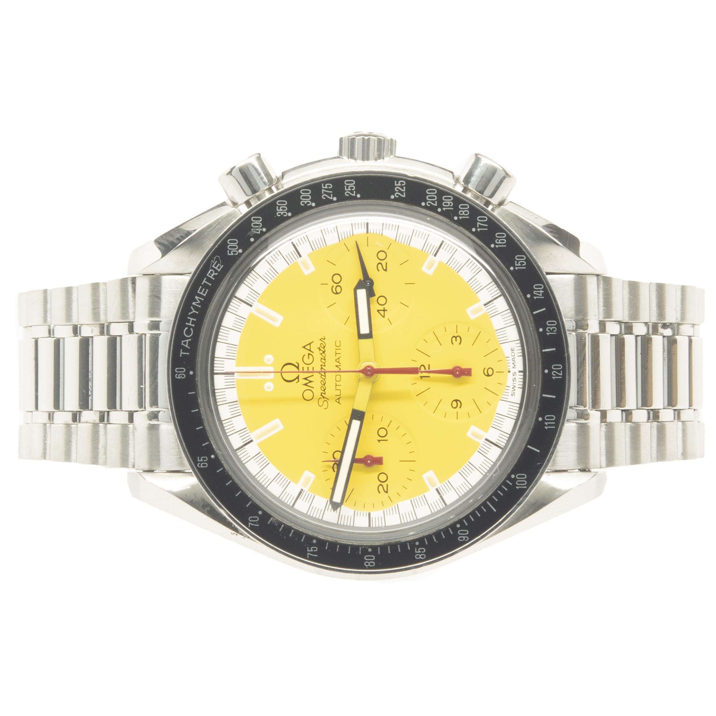 Brand: Omega
Movement: manual
Function: hours, minutes, seconds, chronograph
Case: 39mm stainless round case, tachymeter bezel, push/pull crown
Band: stainless steel speedmaster bracelet, deployment clasp
Dial: yellow chronograph / stick
Reference #