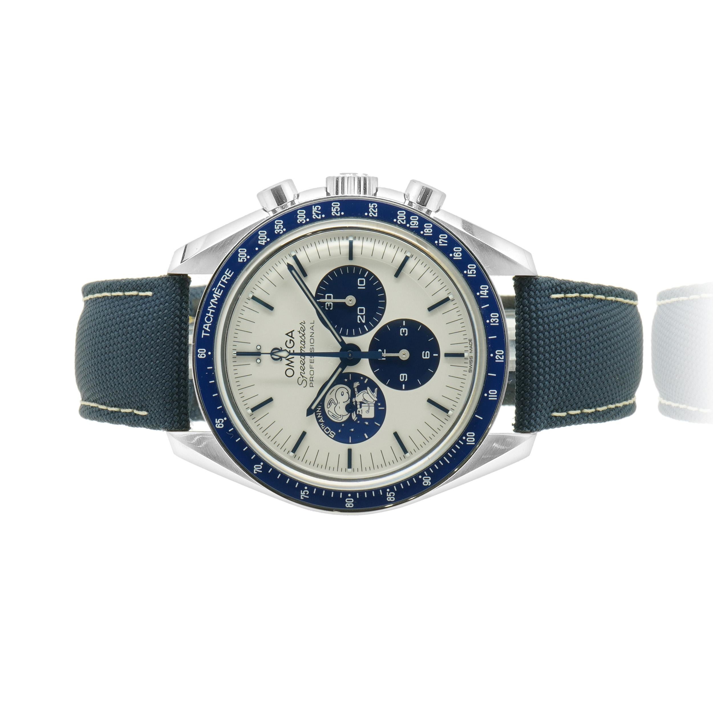 Brand: Omega
Movement: automatic
Function: hours, minutes, seconds, chronograph
Case: 42mm stainless steel case, tachymeter bezel
Band: Omega, blue nylon strap, buckle
Dial: silver, blue chronograph sub dials
Reference # 310.32.42.50.02.001
Serial: