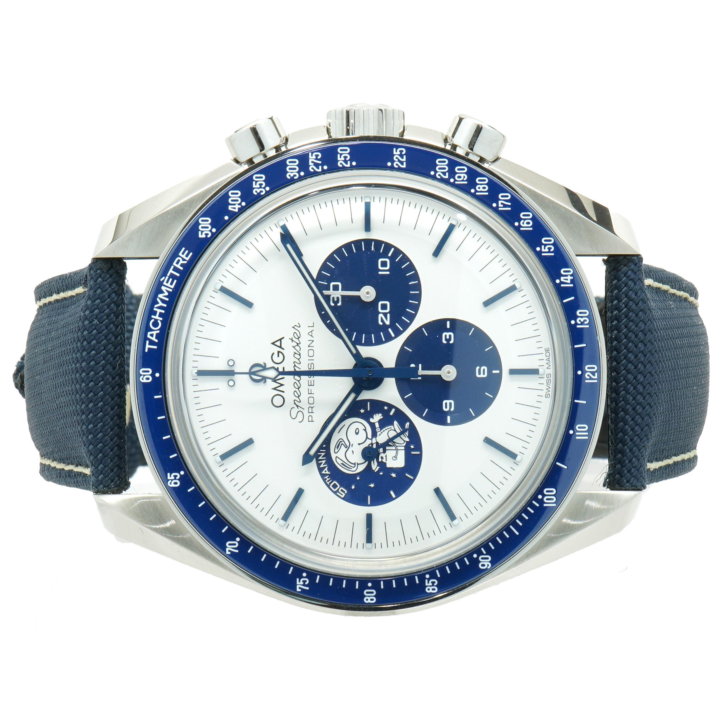 Brand: Omega
Movement: Manual wind
Function: hours, minutes, seconds, Chronograph
Case: 42mm round case, tachymeter, push/pull crown
Band: blue leather strap
Dial: whie
Reference # 310.32.42.50.02.001
Serial # 83853xxx

Box and Papers included