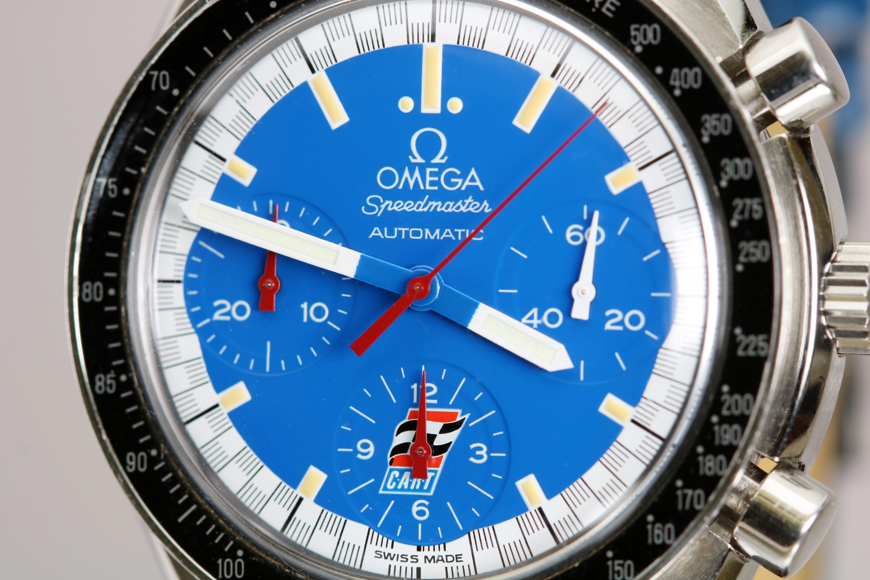 Omega Speednmaster Schumacher Cart Racing Blue
Model Number: ST 175 0032 1
Model: Speedmaster Schumacher Cart Racing
Material: Stainless Steel
Function: Chronograph
Dial: Blue with White Track and Cart Racing logo in 6:00 register
Movement: