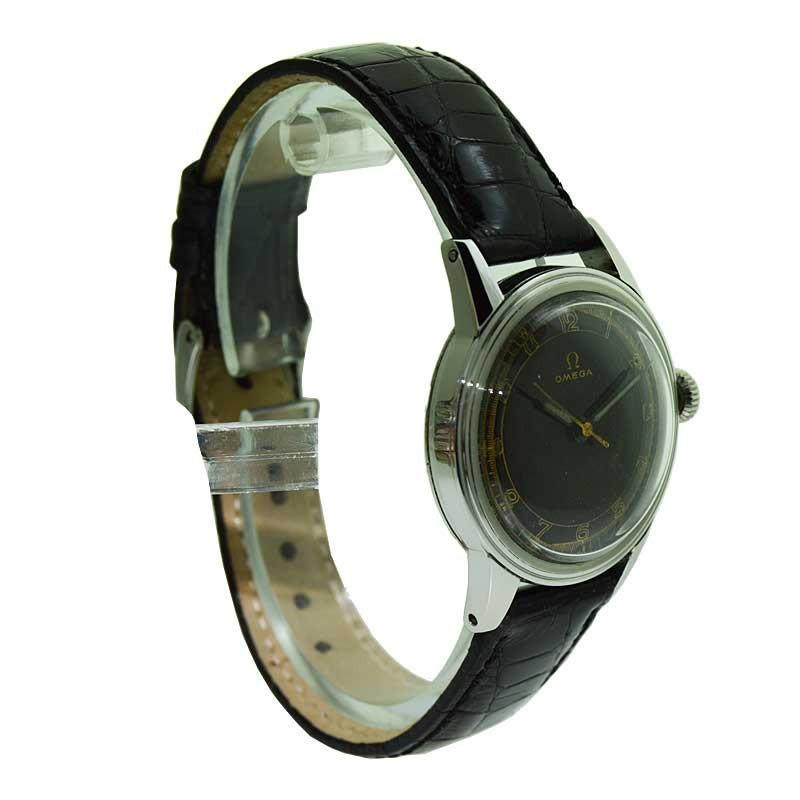 FACTORY / HOUSE: Omega Watch Company
STYLE / REFERENCE: Round Step Case
METAL / MATERIAL: Stainless Steel 
CIRCA / YEAR: 1930's
DIMENSIONS / SIZE: 38mm X 30mm
MOVEMENT / CALIBER: Manual Winding / 17 Jewels 
DIAL / HANDS: Original Black Dial with