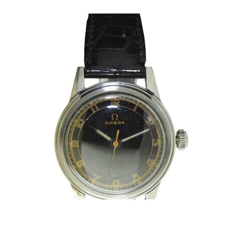 Omega Steel Art Deco Round Watch with Rare Original Black Dial, circa 1930s In Excellent Condition In Long Beach, CA