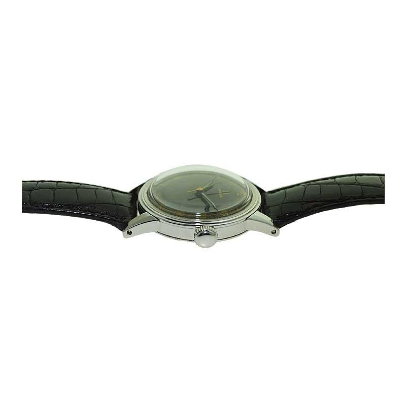 Omega Steel Art Deco Round Watch with Rare Original Black Dial, circa 1930s 1