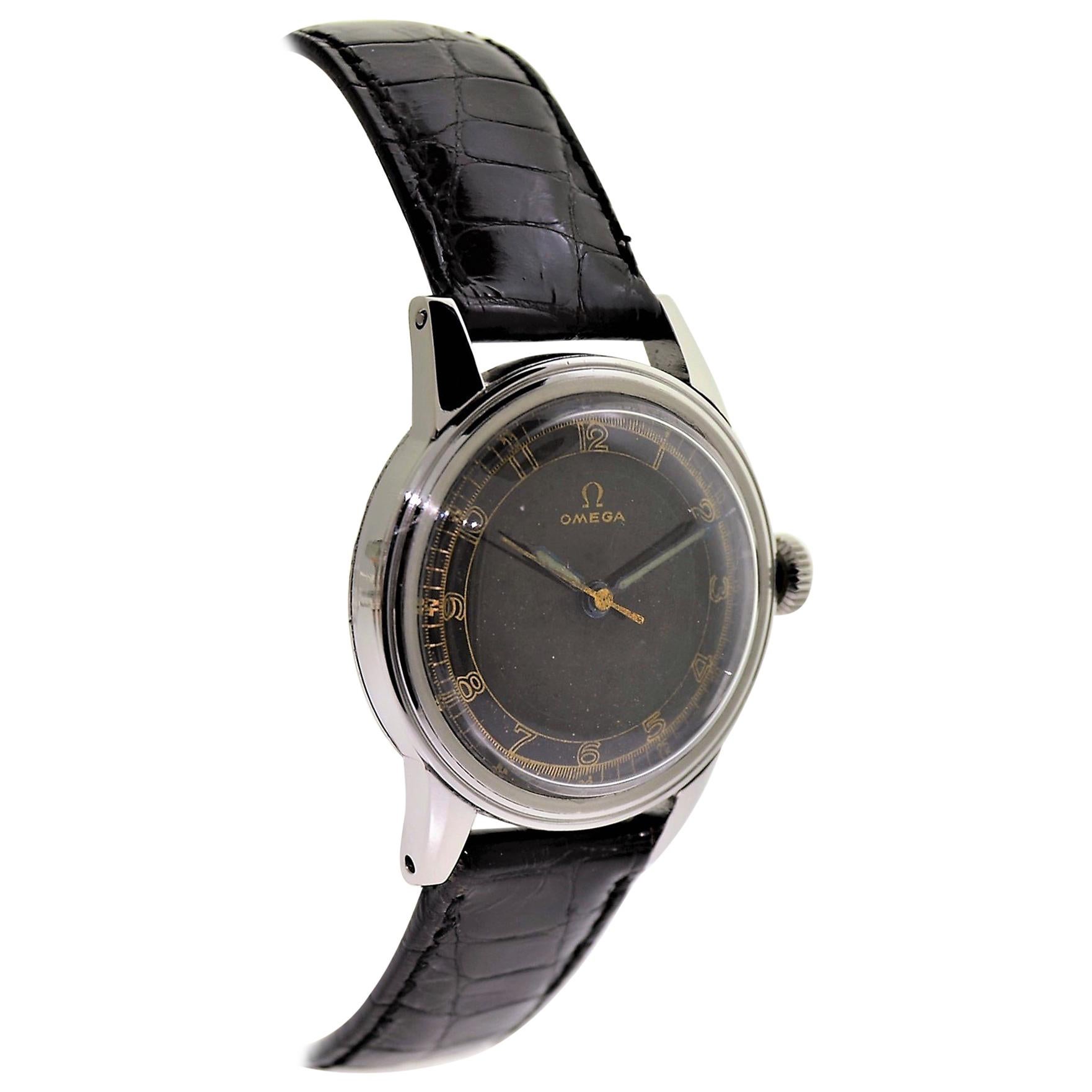Omega Steel Art Deco Round Watch with Rare Original Black Dial, circa 1930s