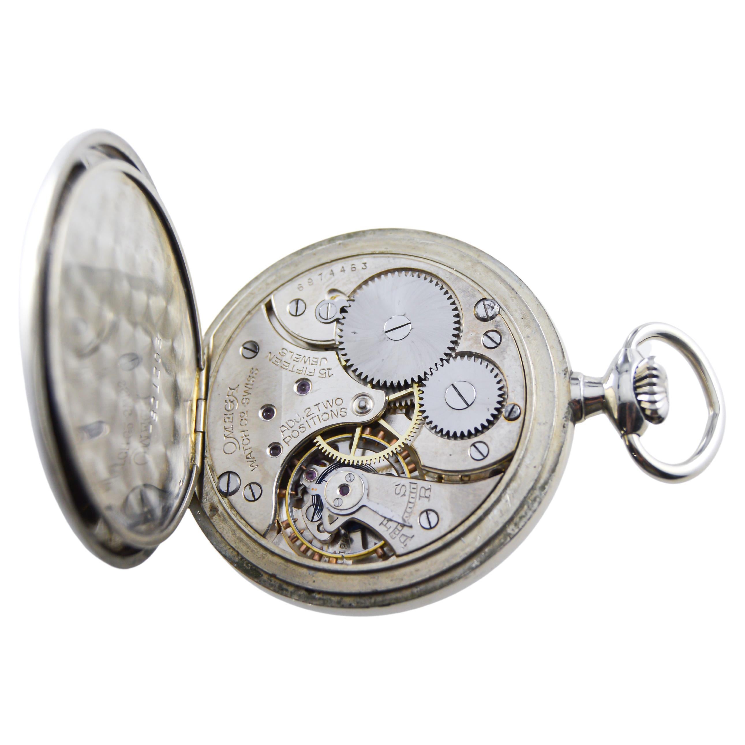 Omega Steel Open Faced Enamel Dial Pocket Watch from 1920's For Sale 4