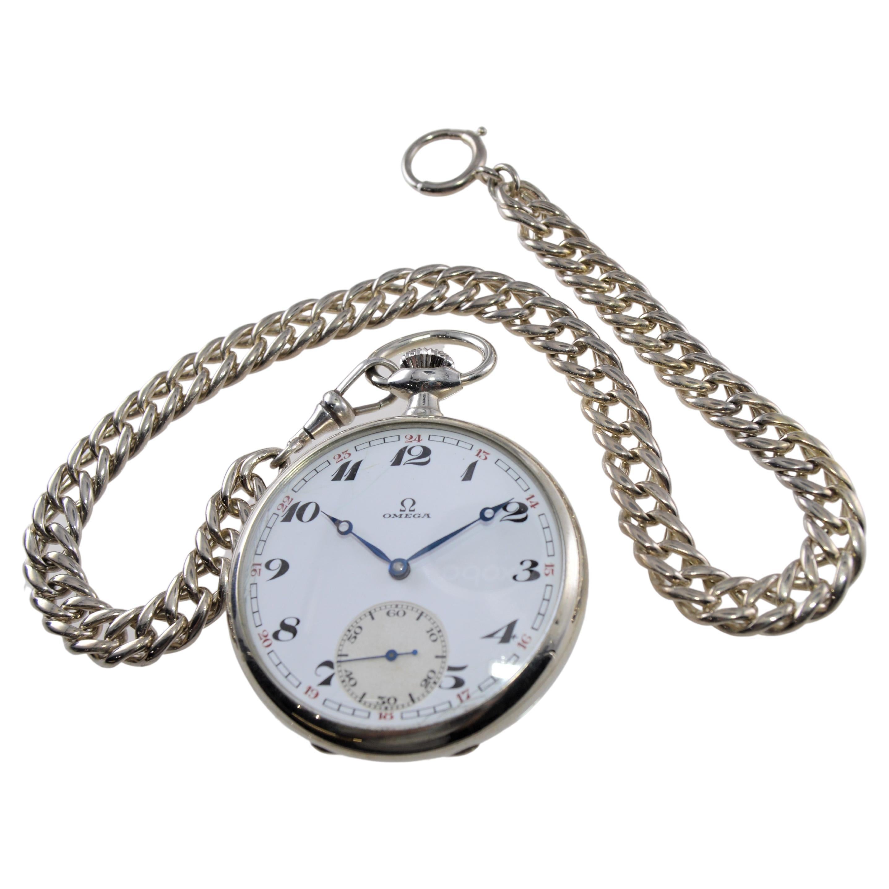 FACTORY / HOUSE: Omega Watch Company
STYLE / REFERENCE: Open Faced Pocket Watch
METAL / MATERIAL: Nickel Silver
CIRCA / YEAR: 1928 / 29
DIMENSIONS / SIZE:  Diameter 49mm
MOVEMENT / CALIBER: Manual Winding / 15 Jewels 
DIAL / HANDS: Original Rare,