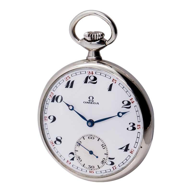 Art Deco Omega Steel Open Faced Enamel Dial Pocket Watch from 1920's For Sale