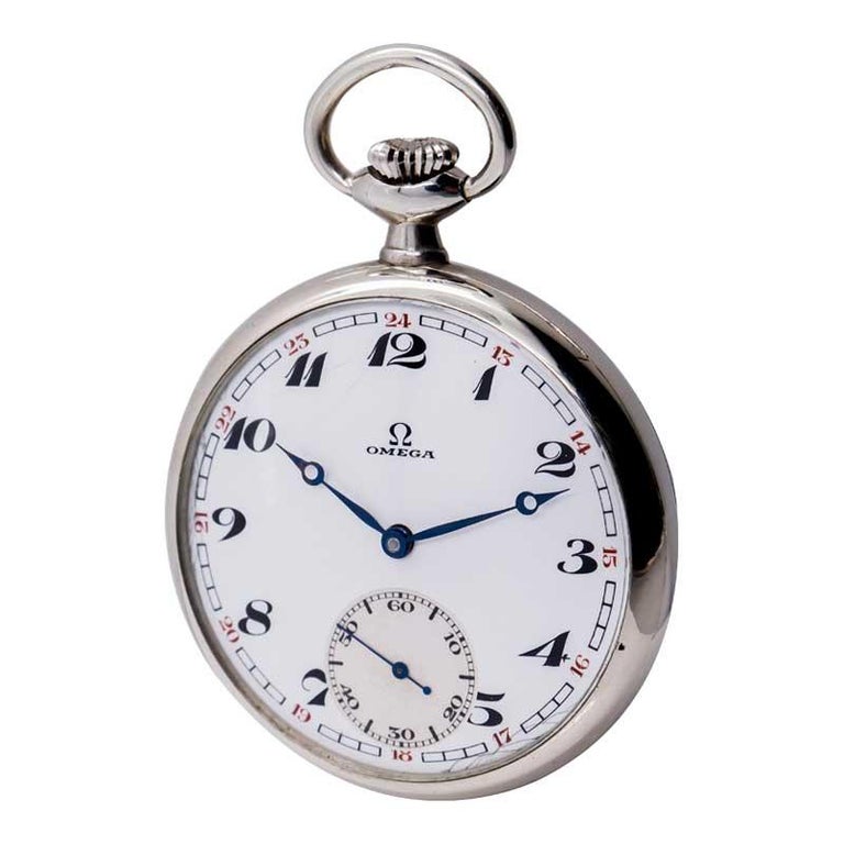 Omega Steel Open Faced Enamel Dial Pocket Watch from 1920's In Excellent Condition For Sale In Long Beach, CA