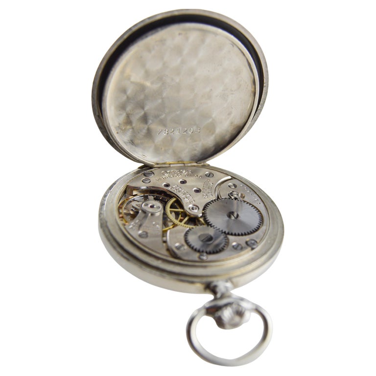 Omega Steel Open Faced Enamel Dial Pocket Watch from 1920's For Sale 4