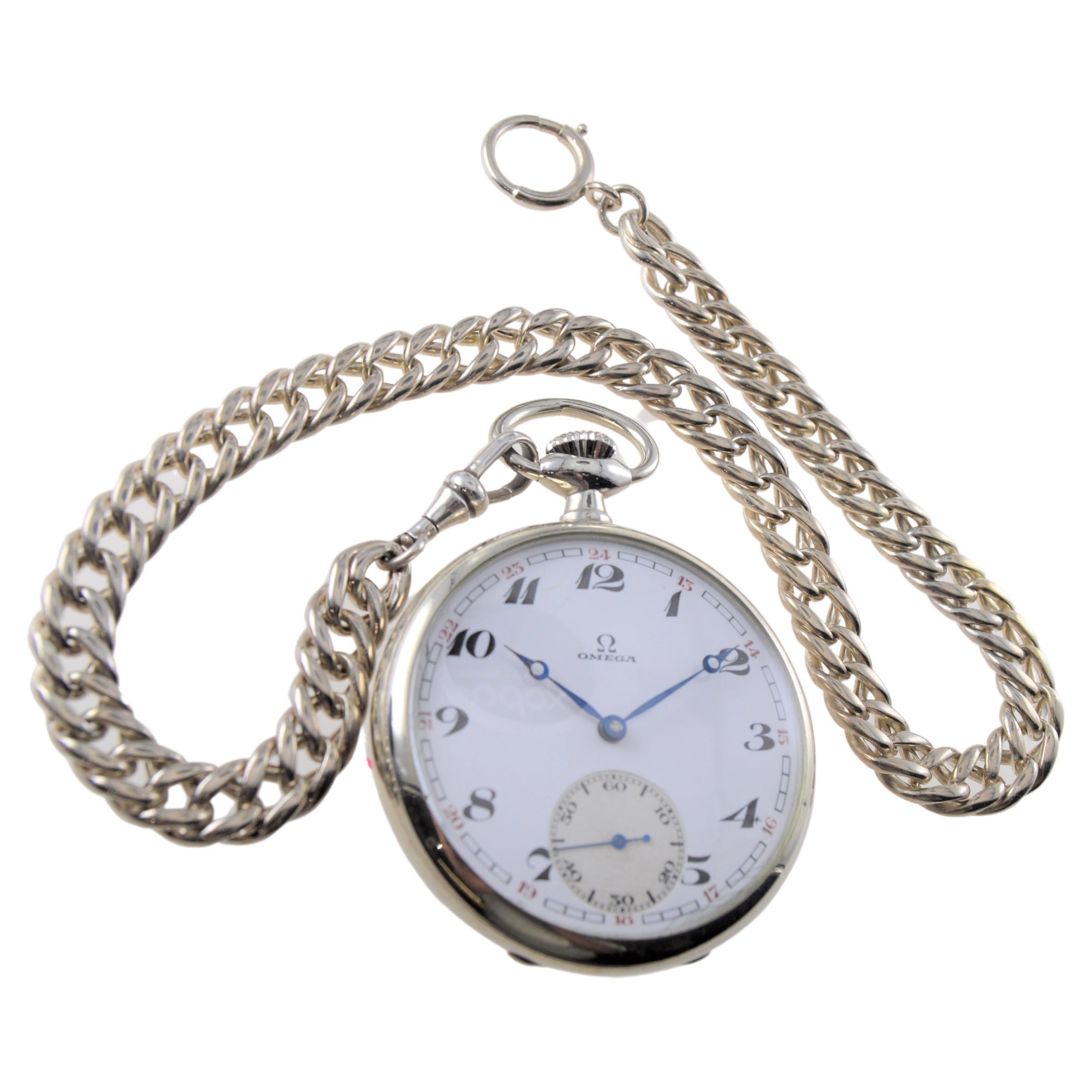 Omega Steel Open Faced Enamel Dial Pocket Watch from 1920's For Sale