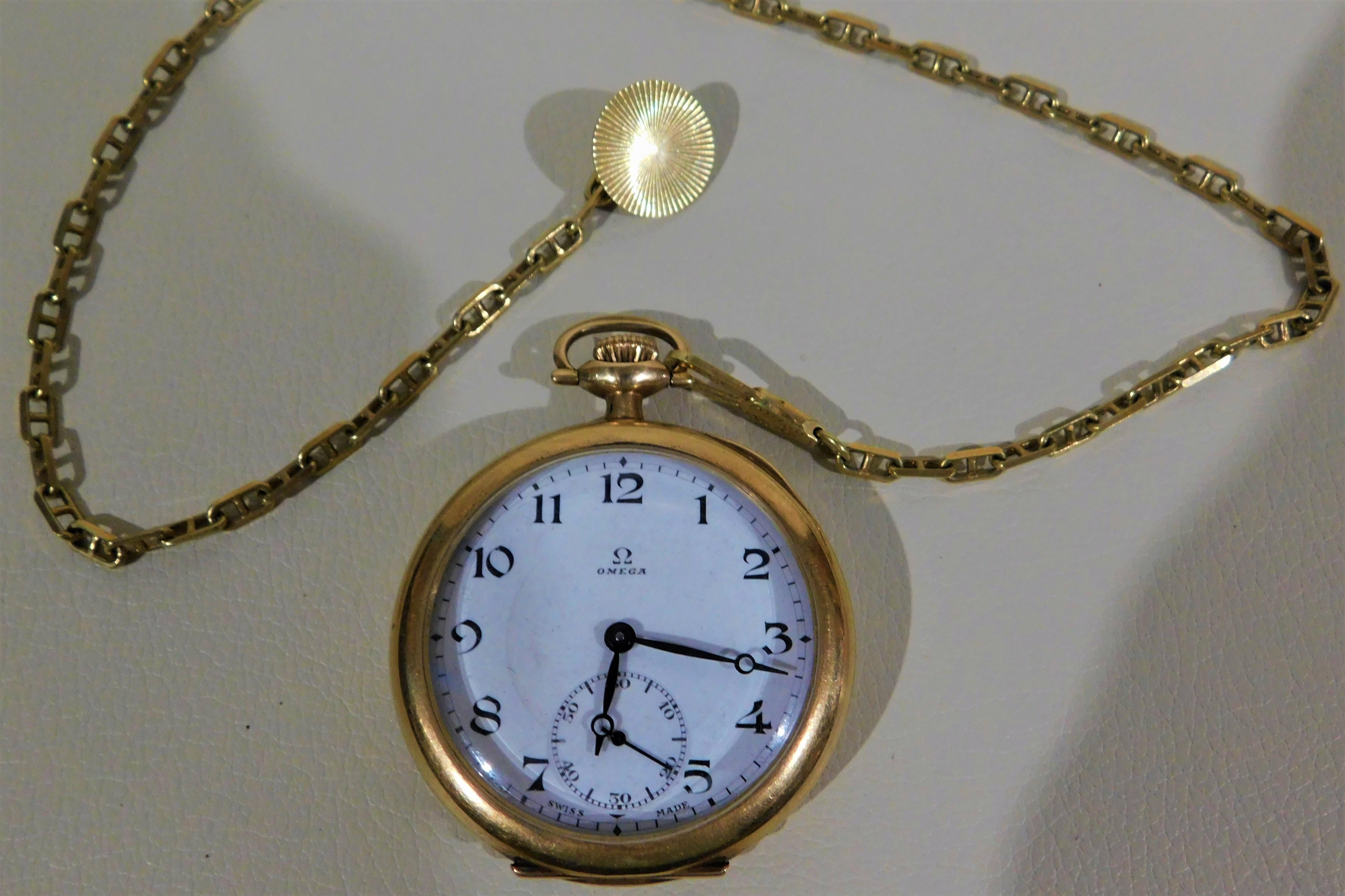Early 20th Century Omega Swiss 1916 14-Karat, 17 Jeweled Gold Pocket Watch and Chain Fob