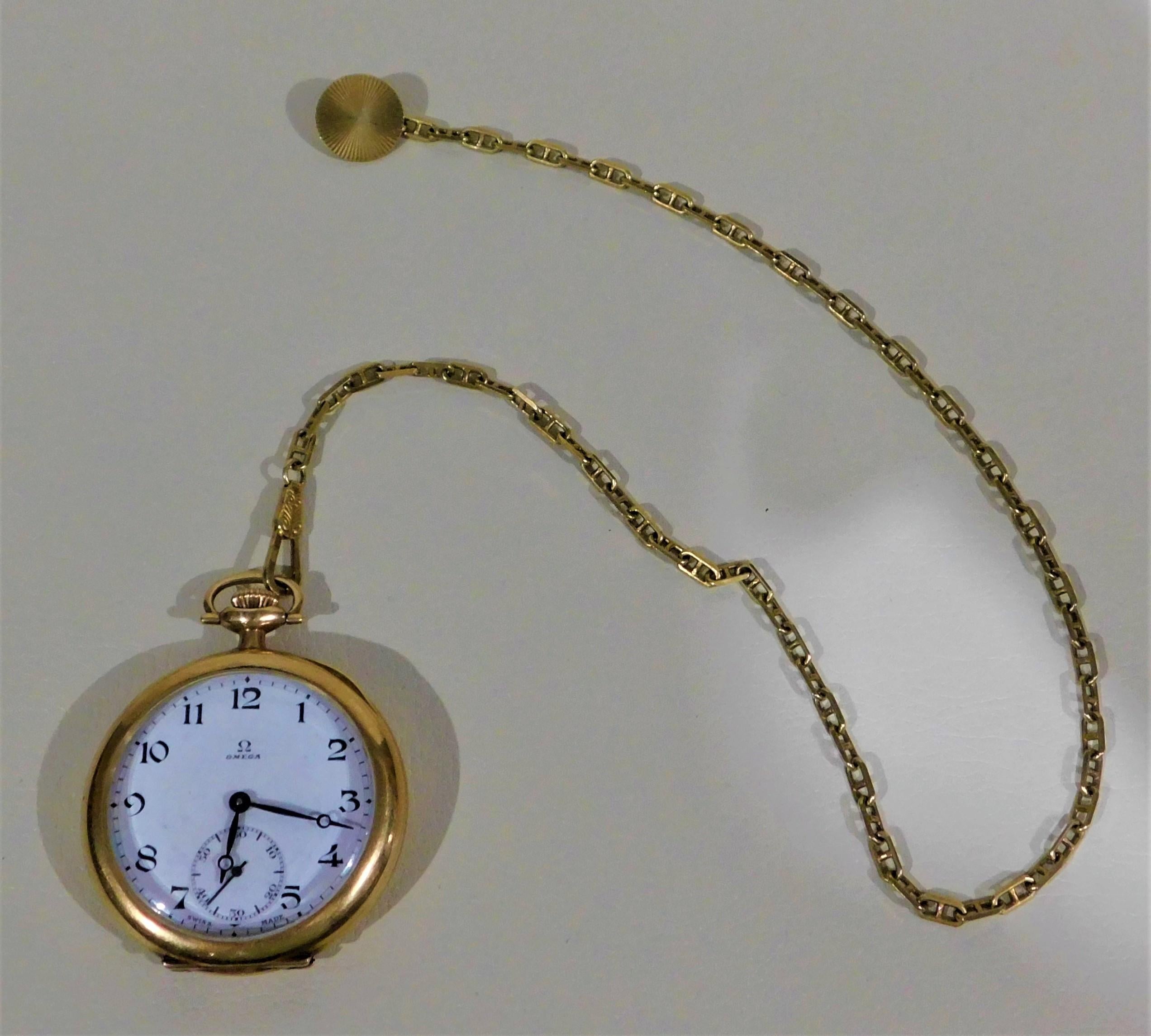 Omega Swiss 1916 14-Karat, 17 Jeweled Gold Pocket Watch and Chain Fob 1
