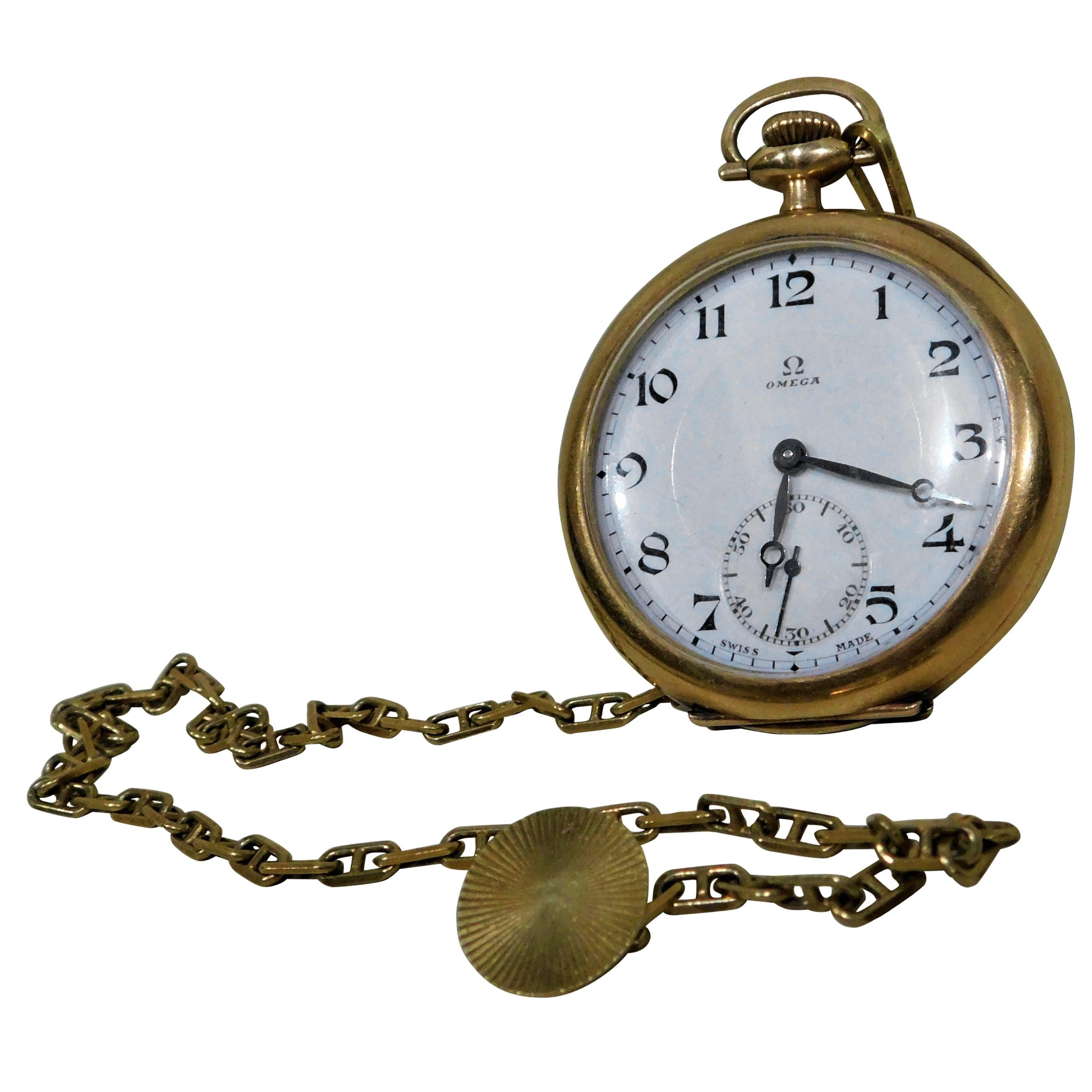 Omega Swiss 1916 14-Karat, 17 Jeweled Gold Pocket Watch and Chain Fob