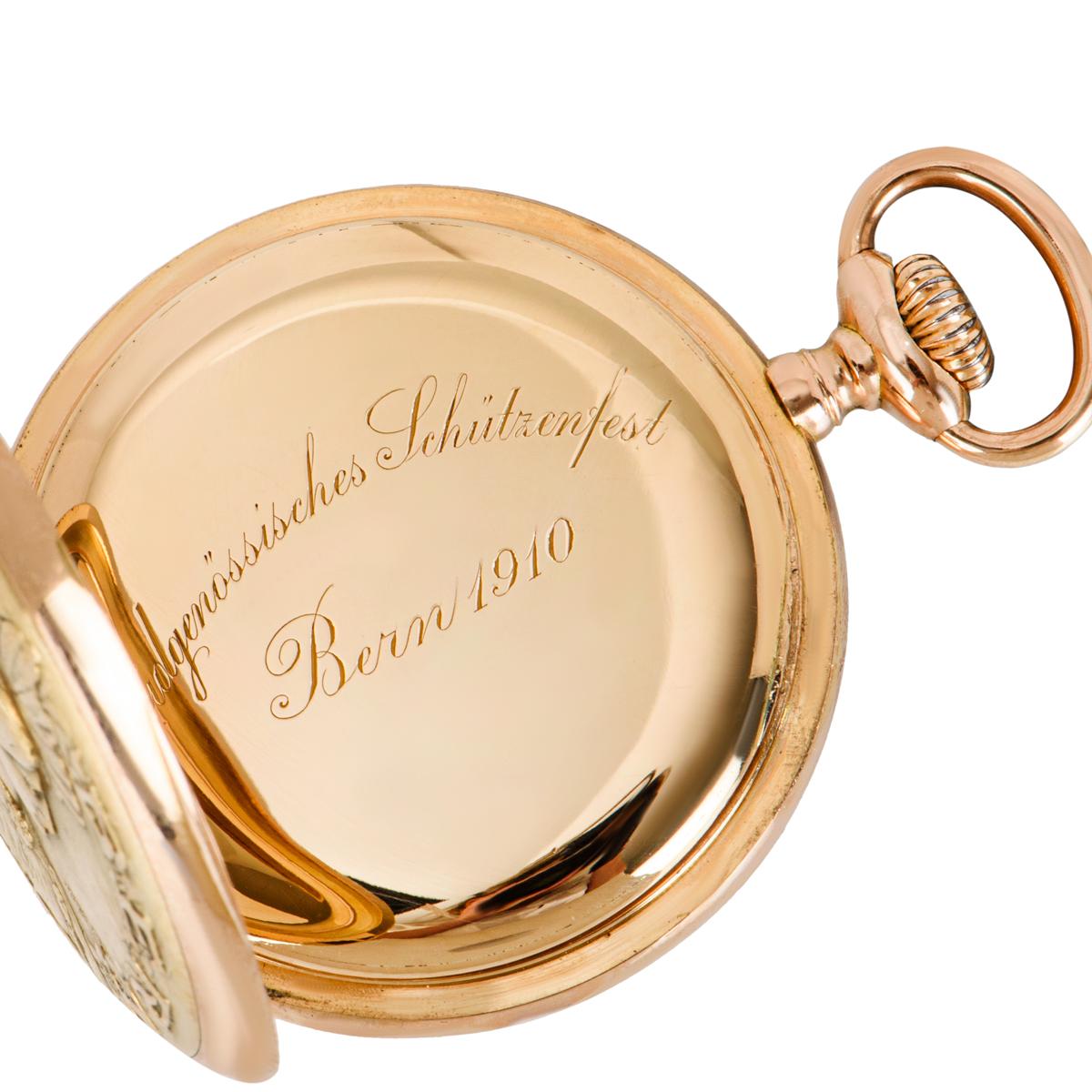 Omega Very Rare Gold Open Face Schutzenfest Bern Pocket Watch, C1910 In Excellent Condition In London, GB