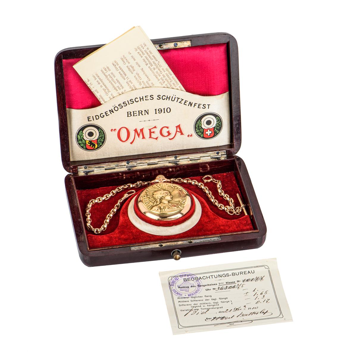 Men's Omega Very Rare Gold Open Face Schutzenfest Bern Pocket Watch, C1910