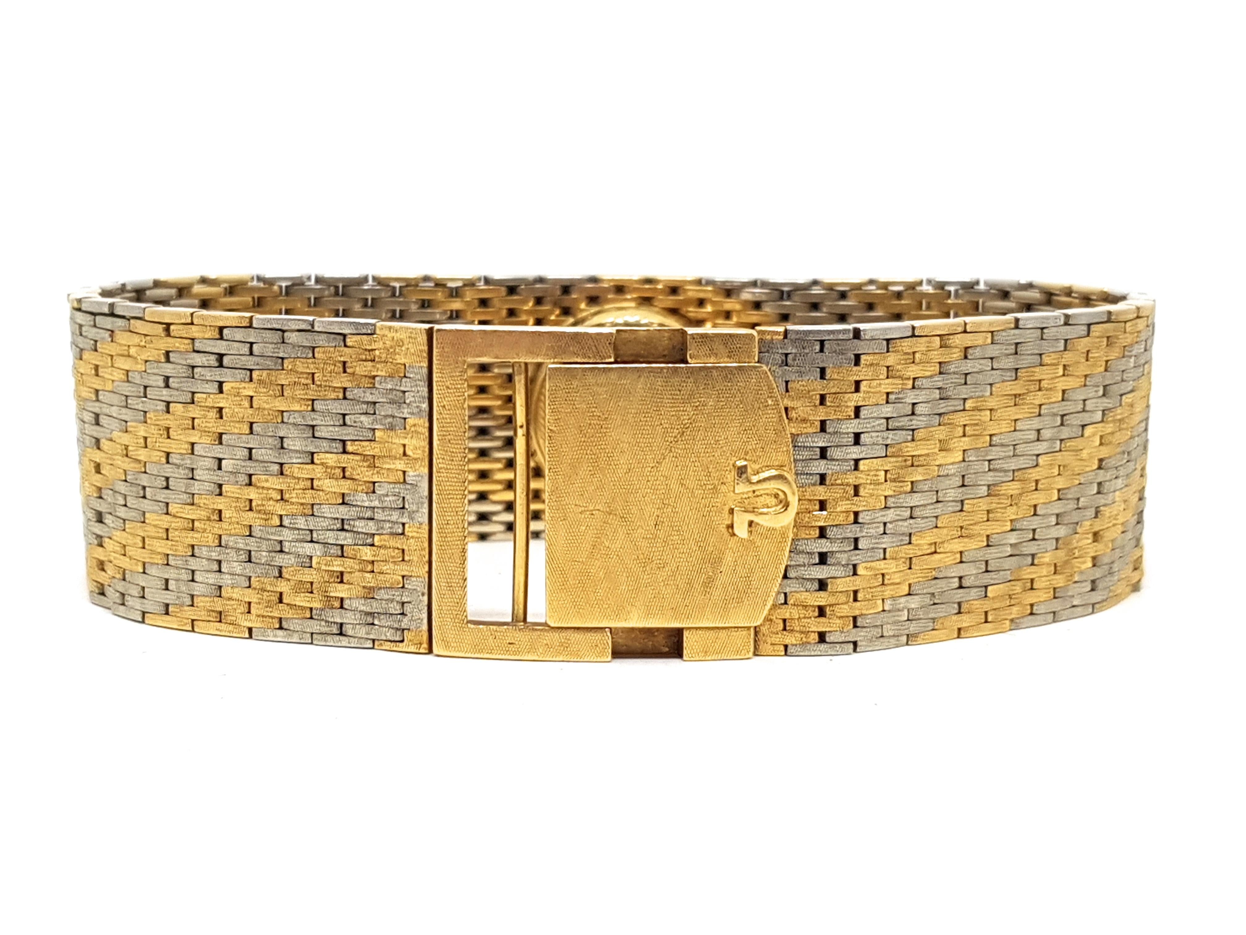 Round Cut Omega Vintage 18 Karat Yellow White Gold Classic Wide Bracelet Manual Watch