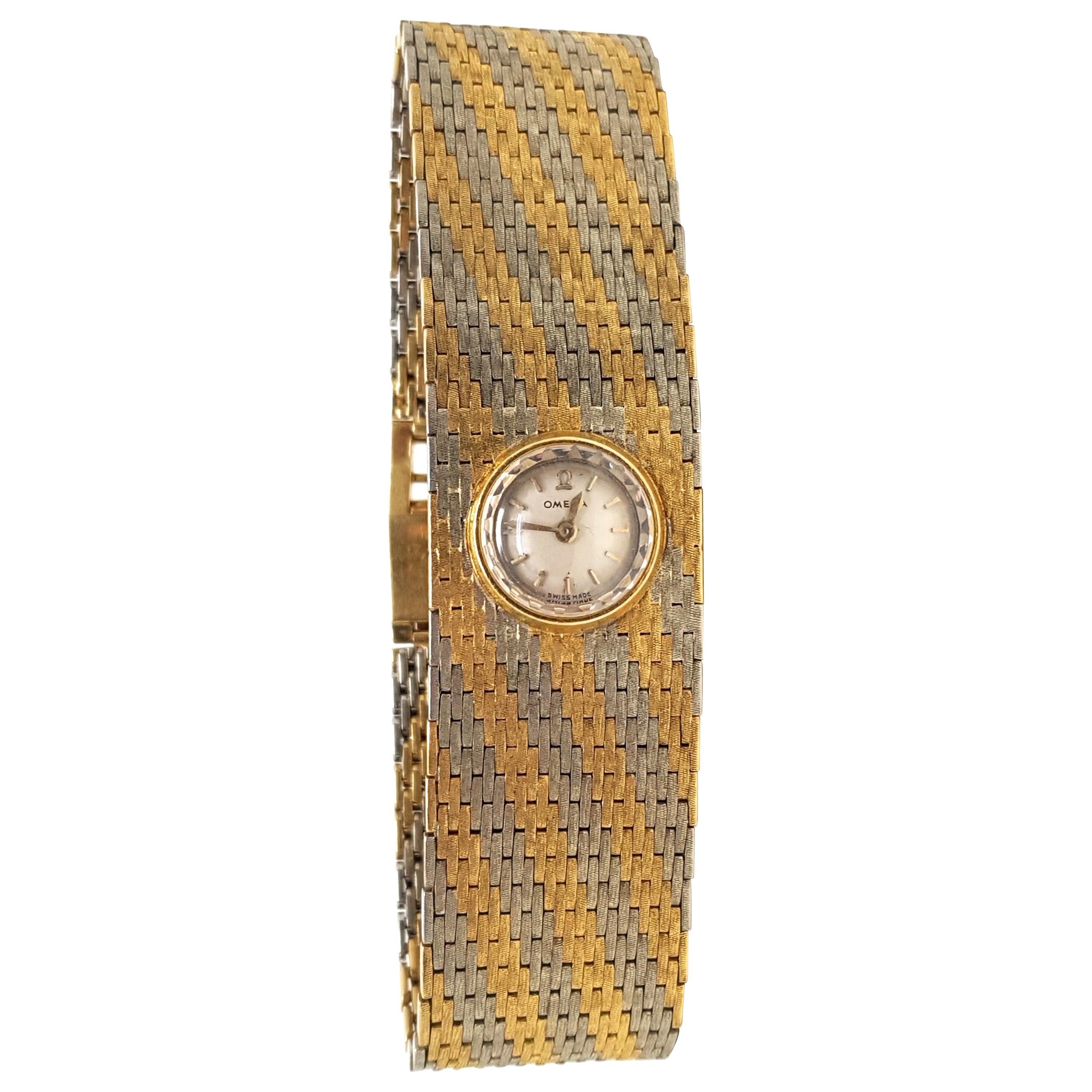 Omega Vintage 18 Karat Yellow White Gold Classic Wide Bracelet Manual Watch