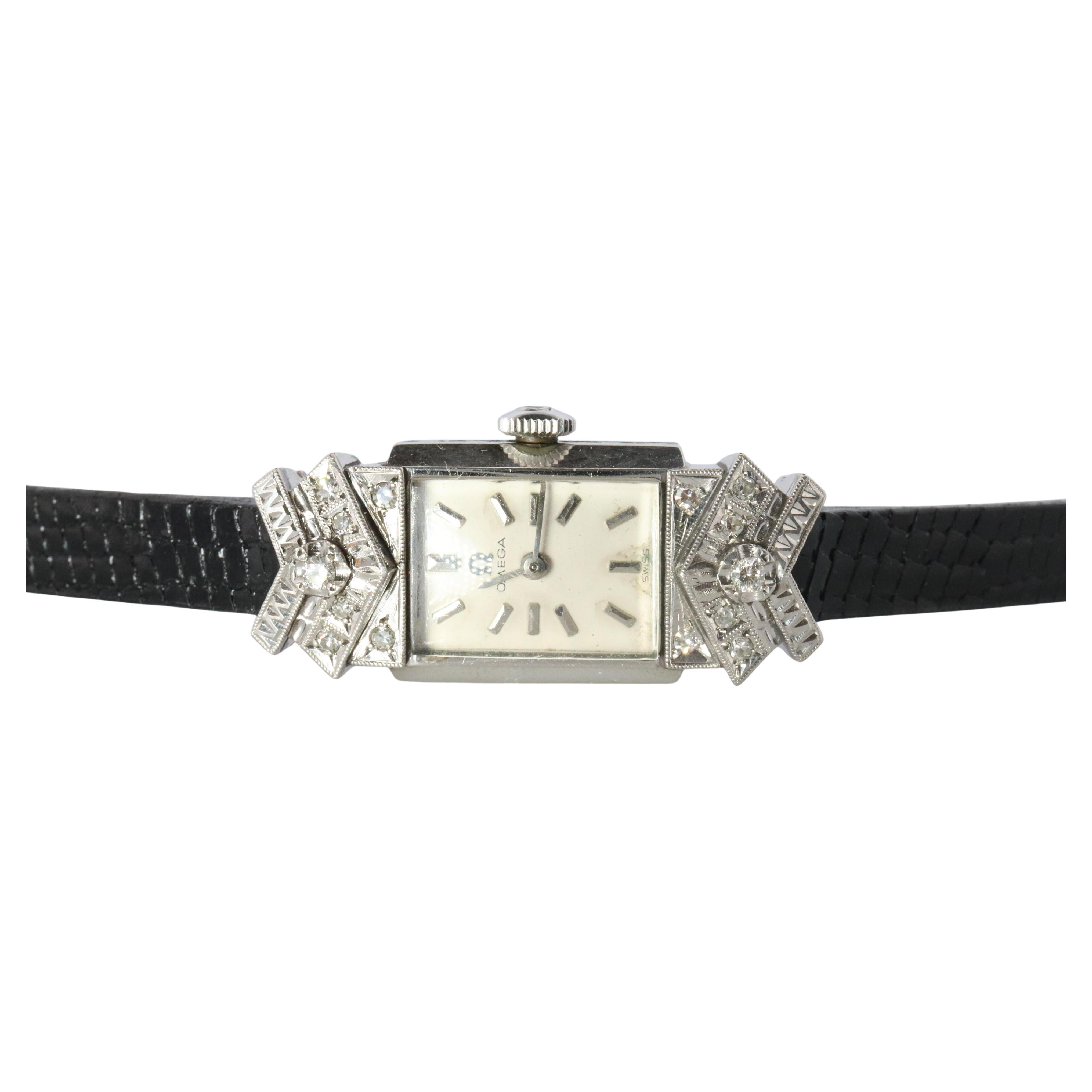 Omega-Uhr. Omega Platin und Diamant Vintage Damenarmbanduhr