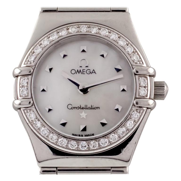 Omega Women's Stainless Steel Quartz Constellation Watch MOP Dial Diamond Bezel